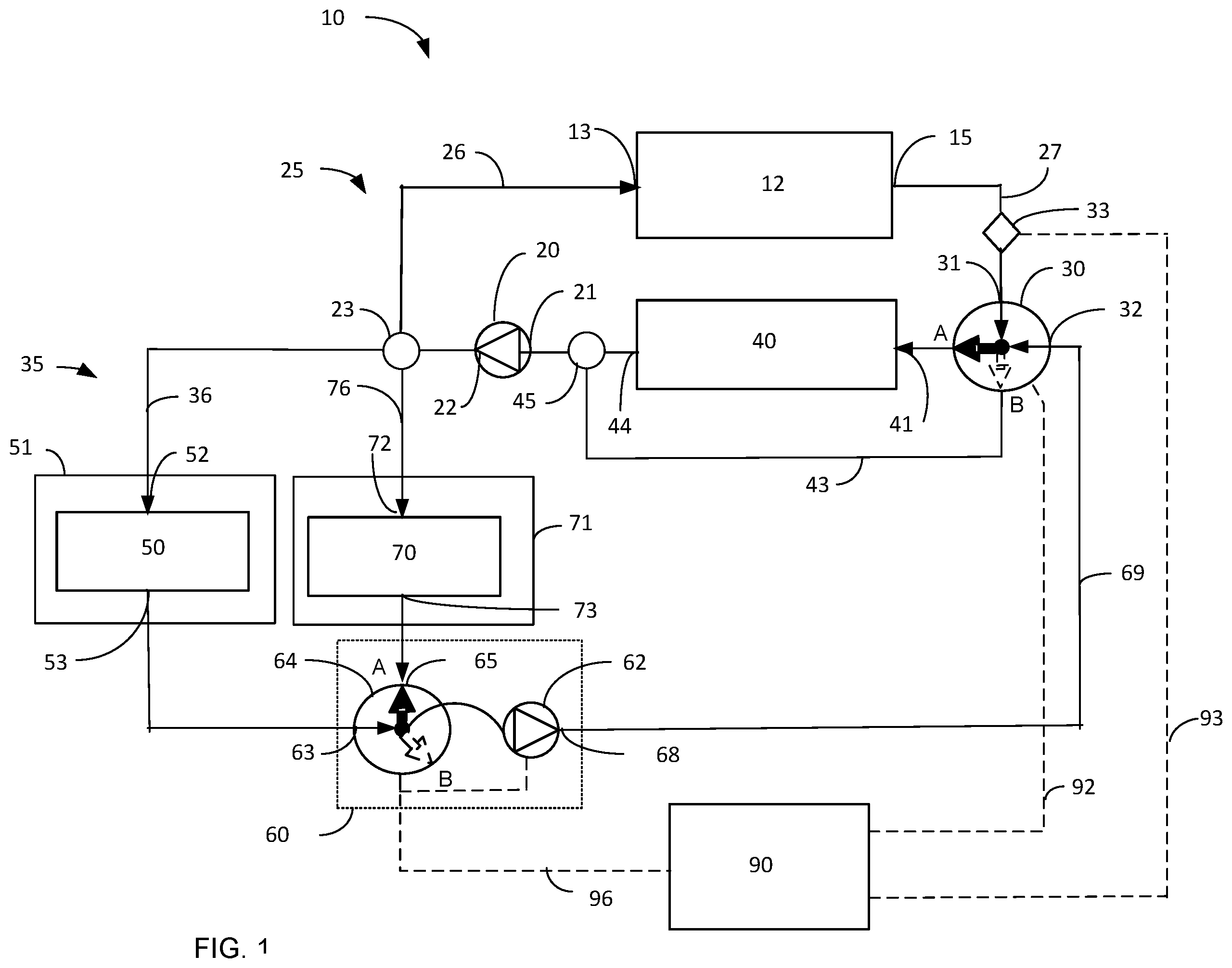 Patent US12359606 Figure 1 – Flow scheme with pump and switch