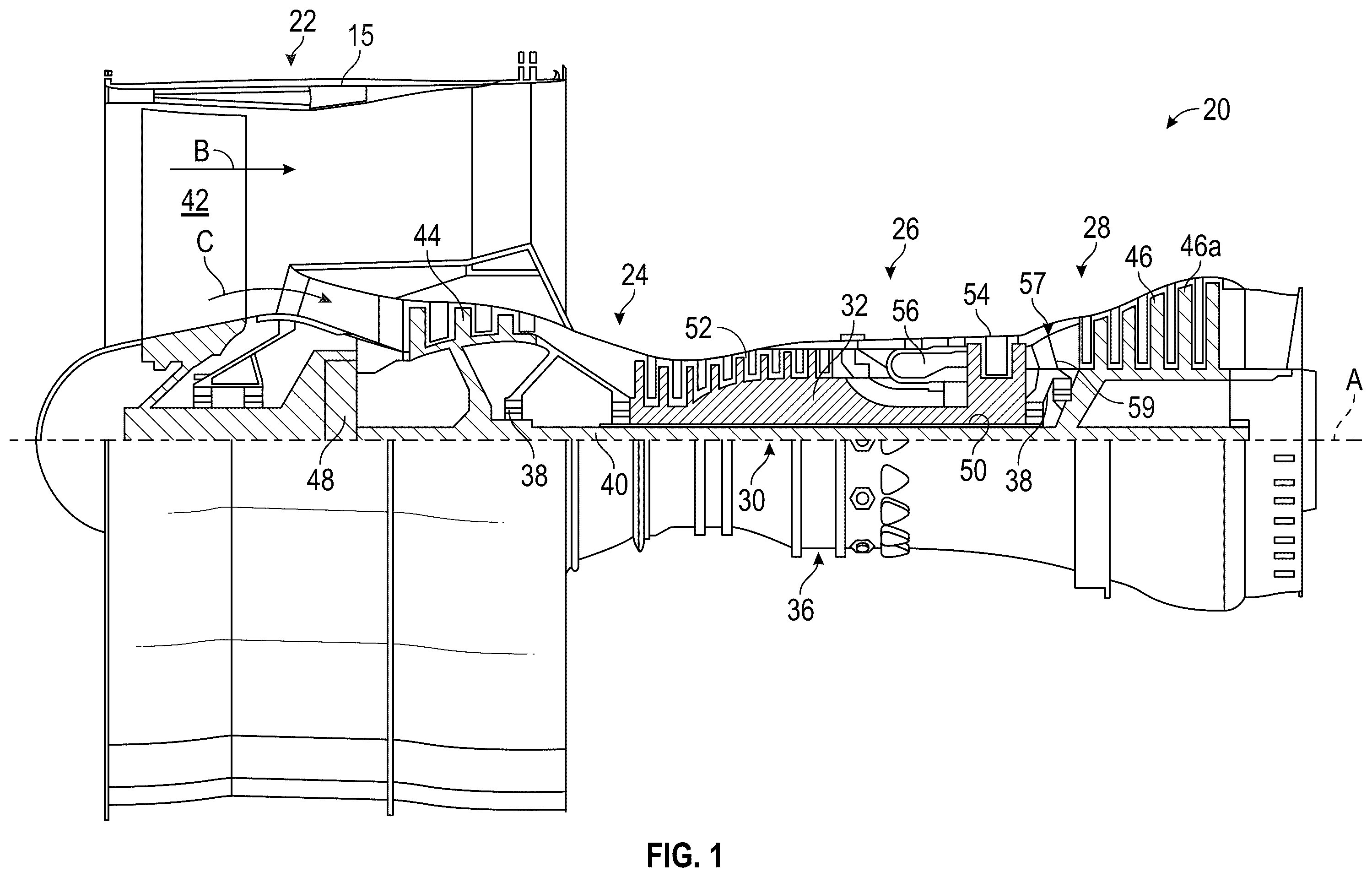 Patent US12359620 — Cooling features for a component of a gas turbine engine — Figure 1