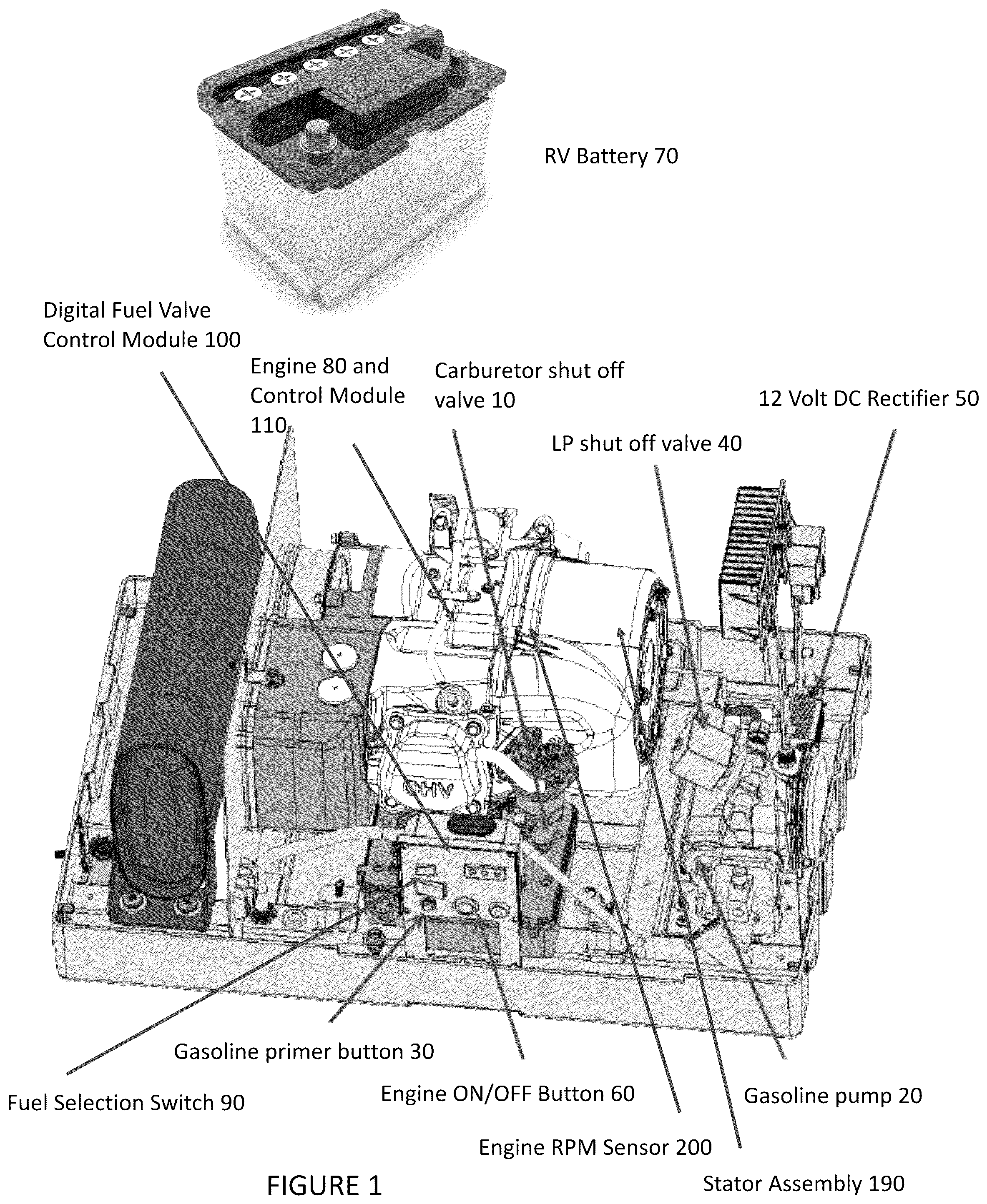 Patent US12359630 Figure 1 – Dual fuel system with electric battery for power generation
