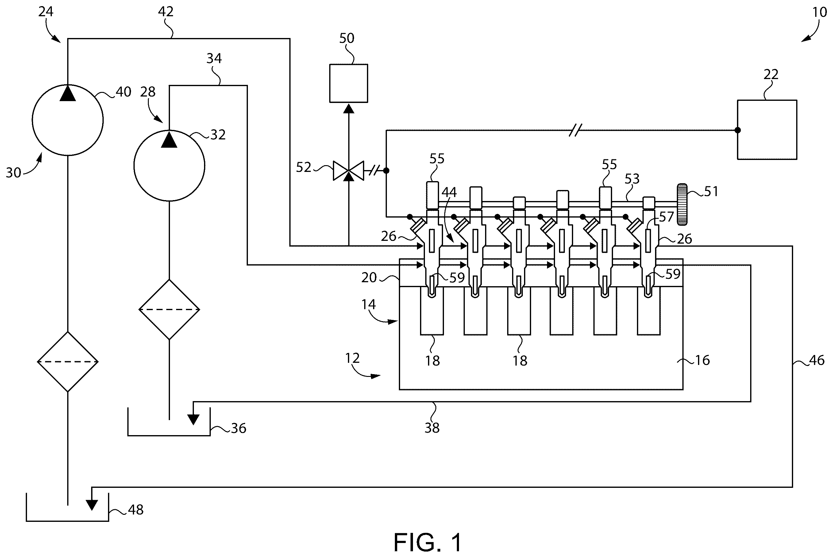 Patent US12359632 Figure 1 – Dual fuel system having overflow buffer for hastening fuel switchover