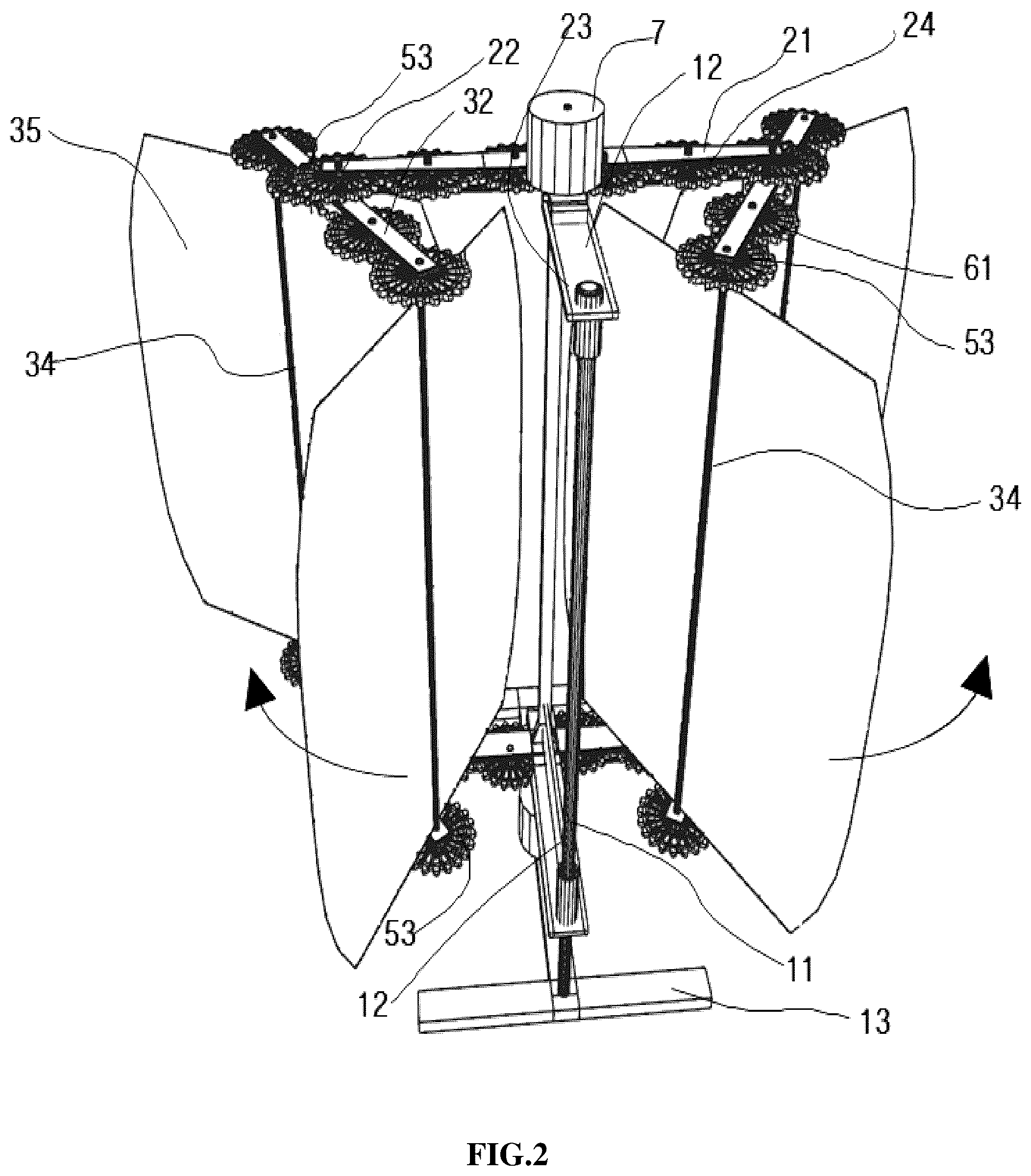Patent US12359651 Figure 5 – Rotational force generator revolving and rotating according to flow of fluid