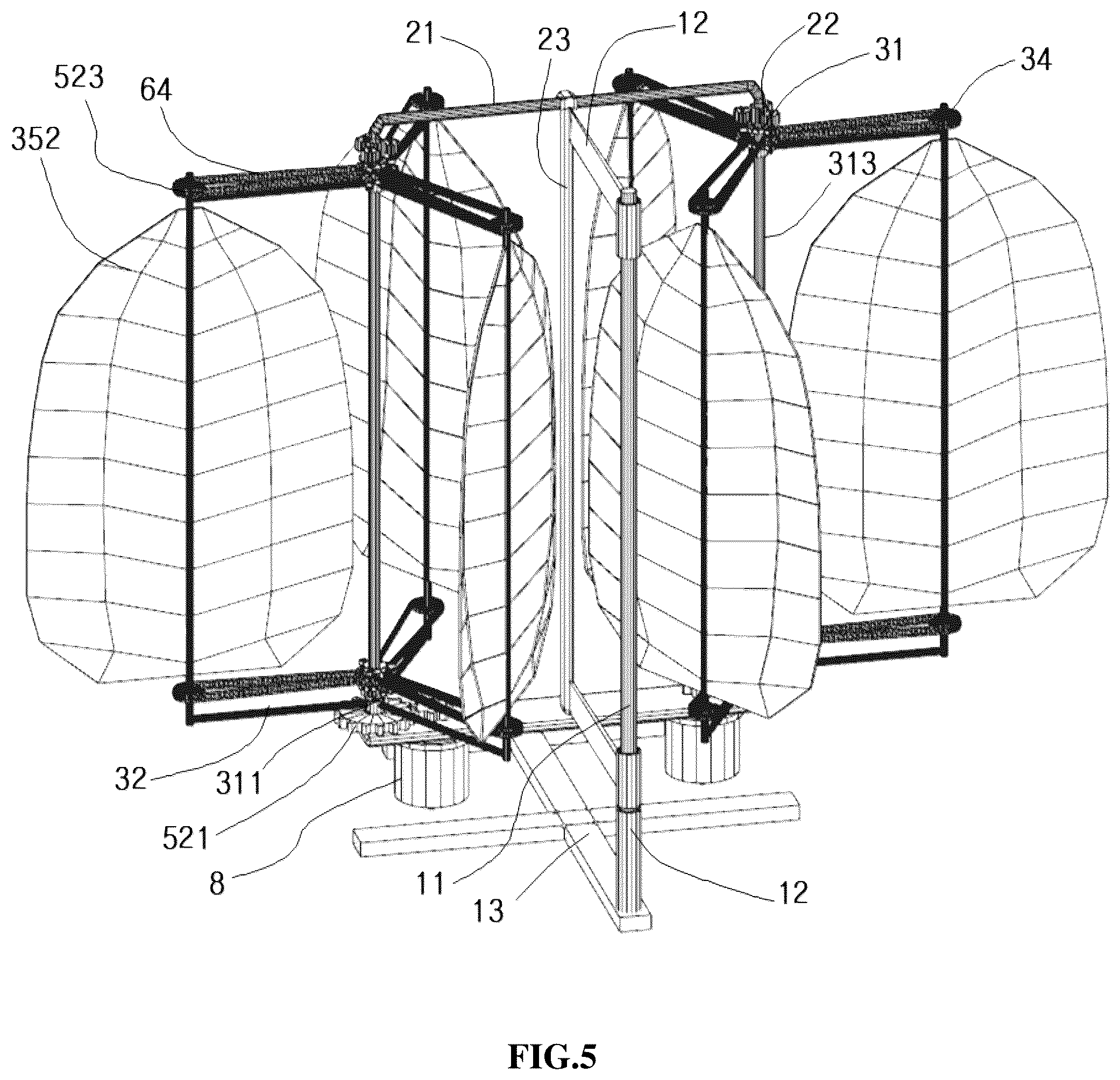 Patent US12359651 Figure 8 – Rotational force generator revolving and rotating according to flow of fluid