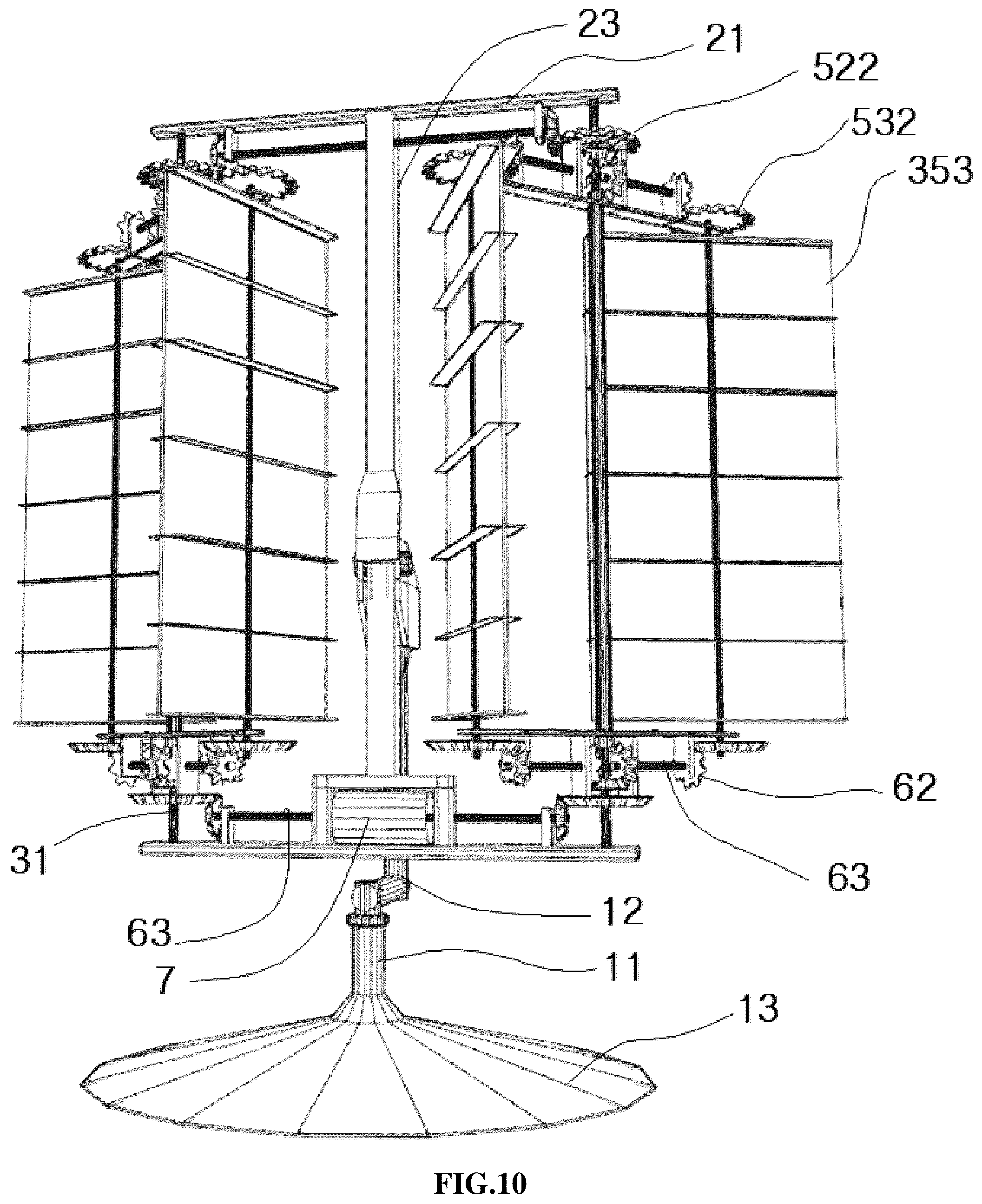 Patent US12359651 Figure 13 – Rotational force generator revolving and rotating according to flow of fluid