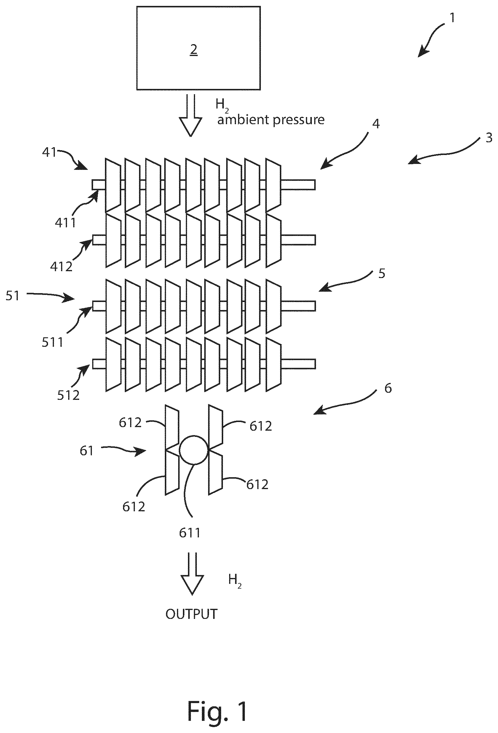 Patent US12359671 Figure 1 – Hydrogen compressing assembly, hydrogen production plant, and compressing method