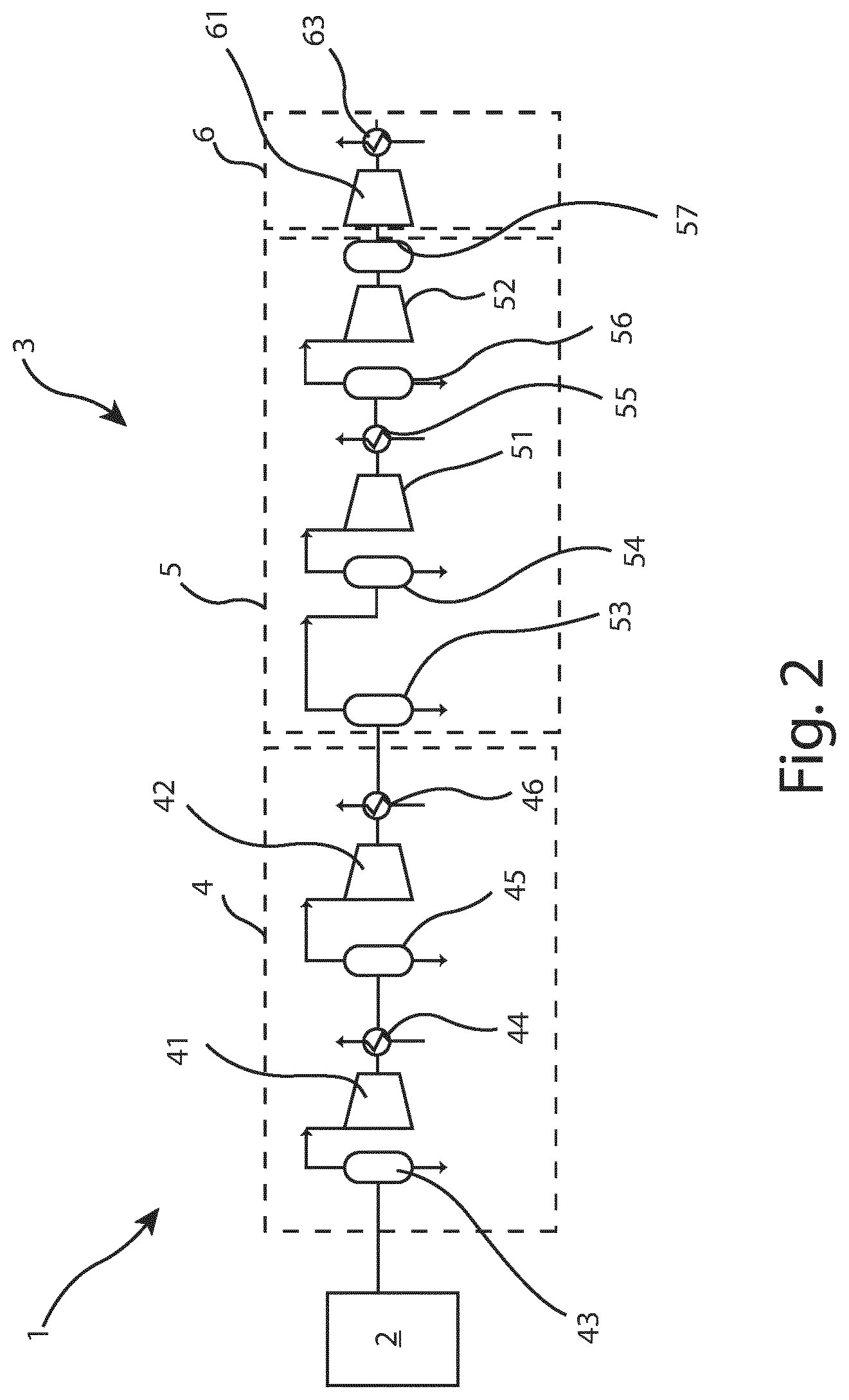 Patent US12359671 Figure 2 – Hydrogen compressing assembly, hydrogen production plant, and compressing method