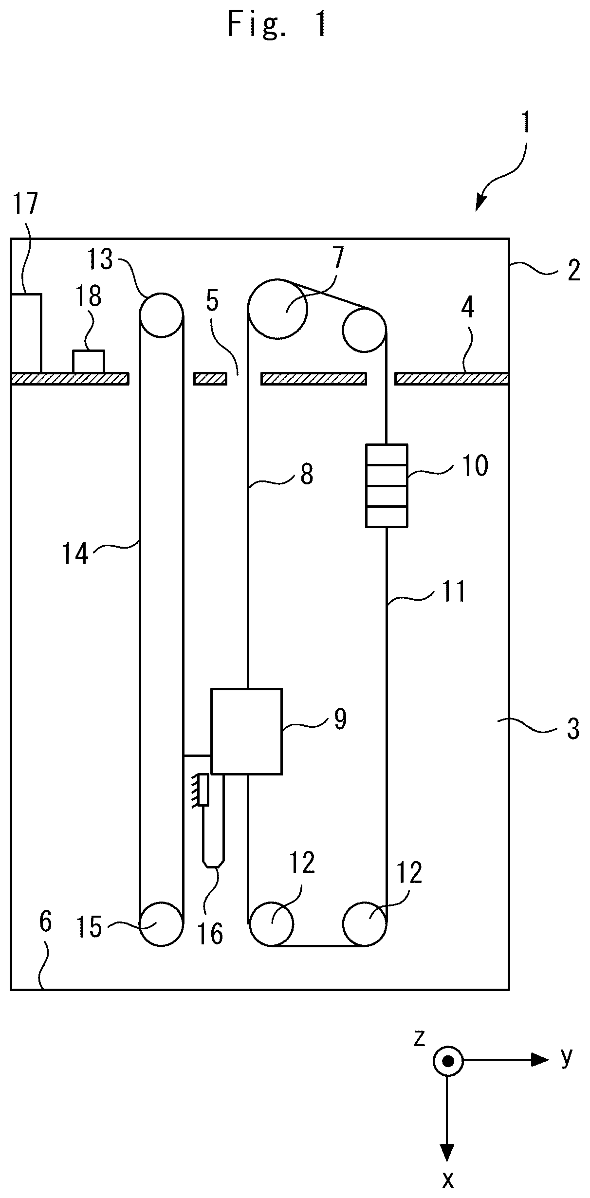 Patent US12359705 Figure 1 – Vibration suppression device for rope-like body of elevator