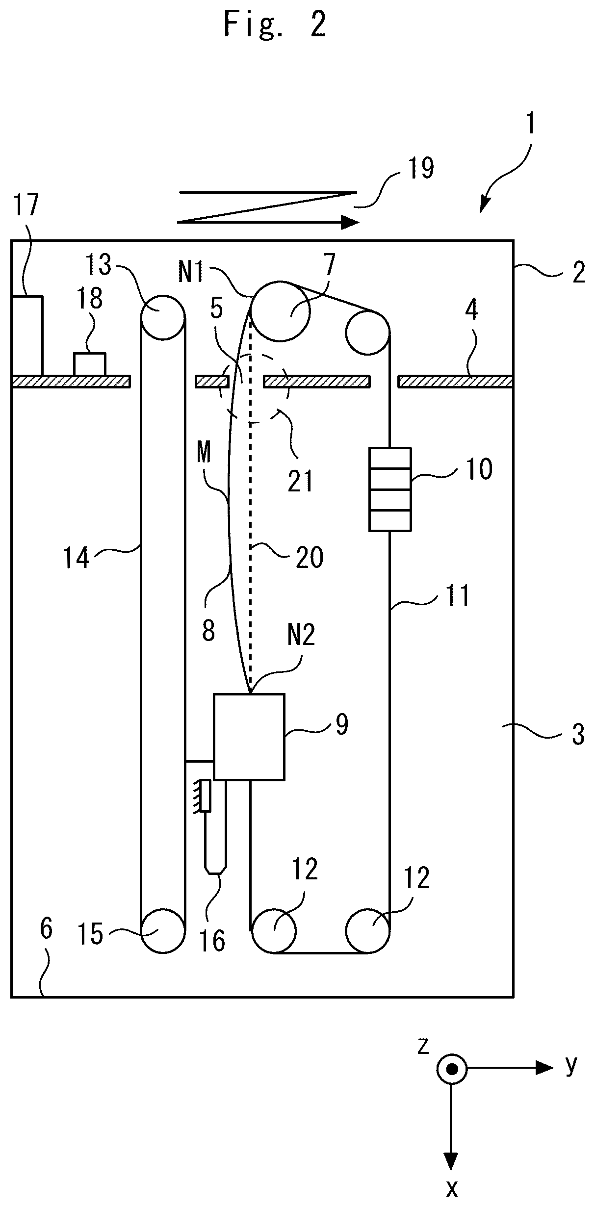 Patent US12359705 Figure 2 – Vibration suppression device for rope-like body of elevator