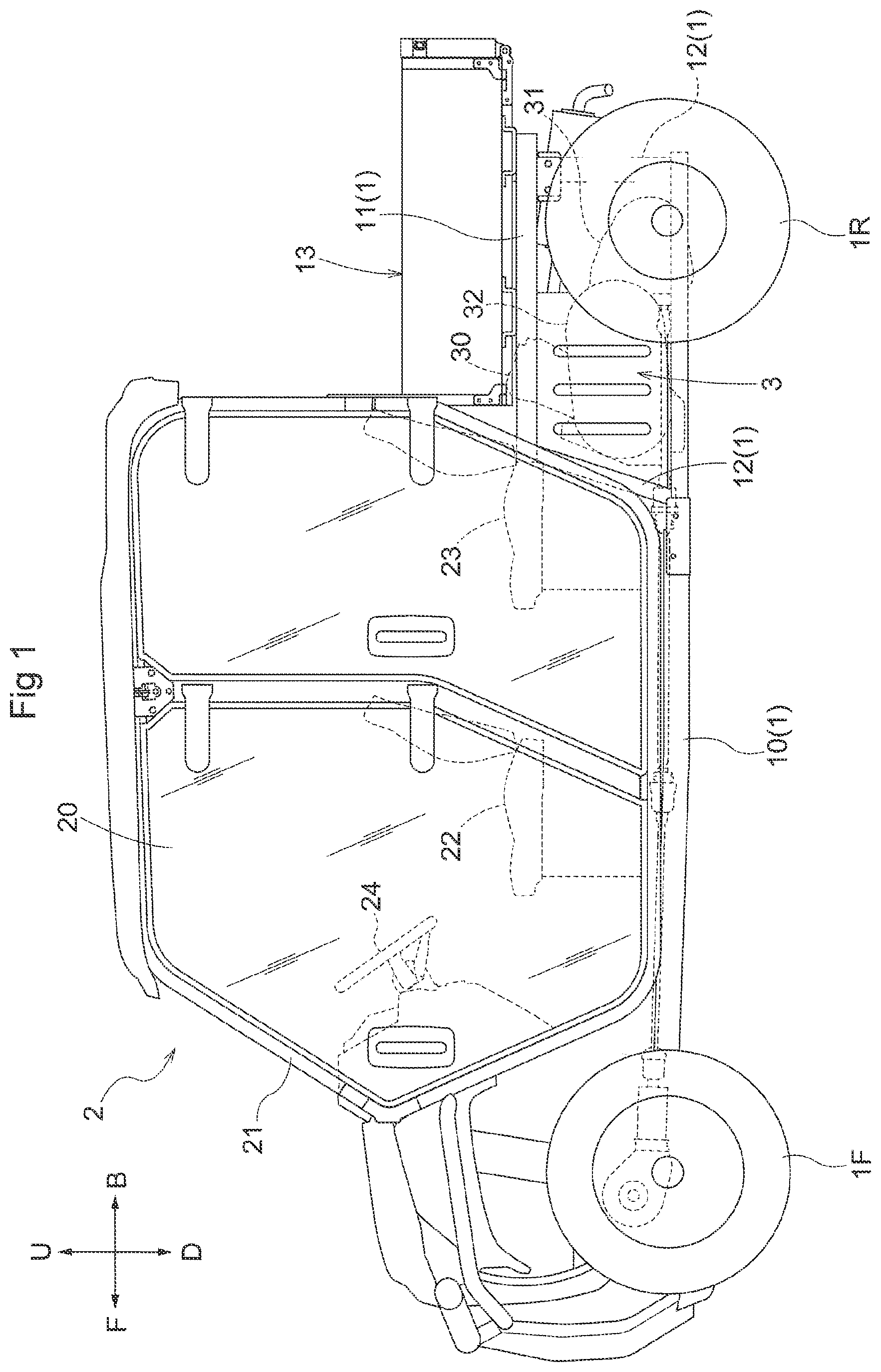 Patent US12359714 Figure 1 – Transfer-case attaching device and multi-purpose vehicle including the transfer-case attaching device