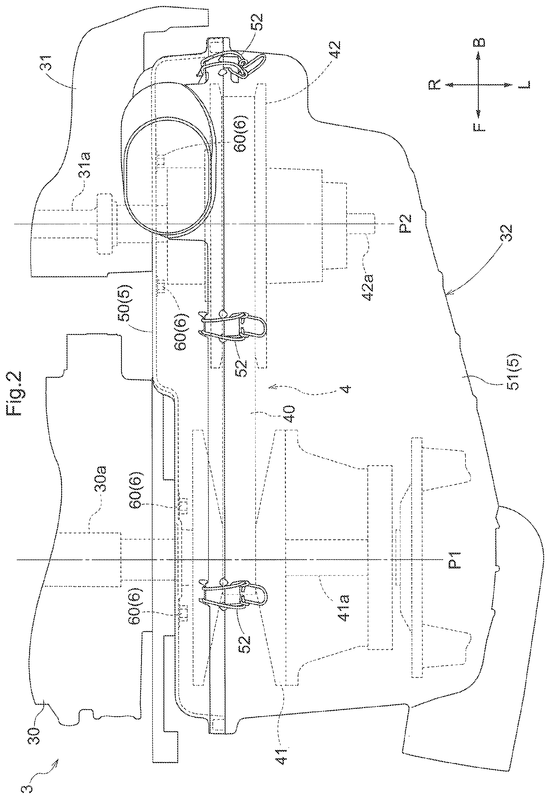 Patent US12359714 Figure 2 – Transfer-case attaching device and multi-purpose vehicle including the transfer-case attaching device