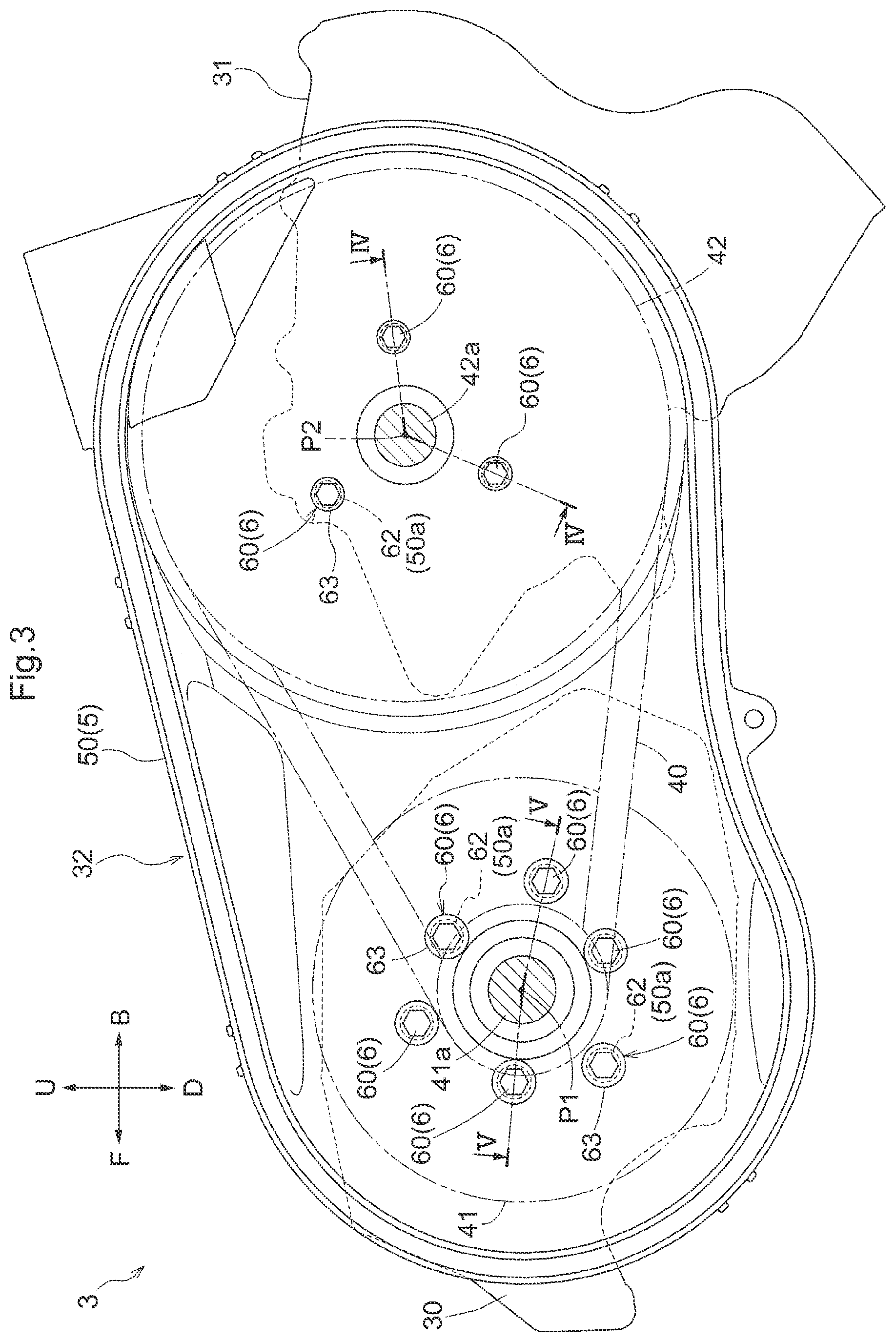 Patent US12359714 Figure 3 – Transfer-case attaching device and multi-purpose vehicle including the transfer-case attaching device
