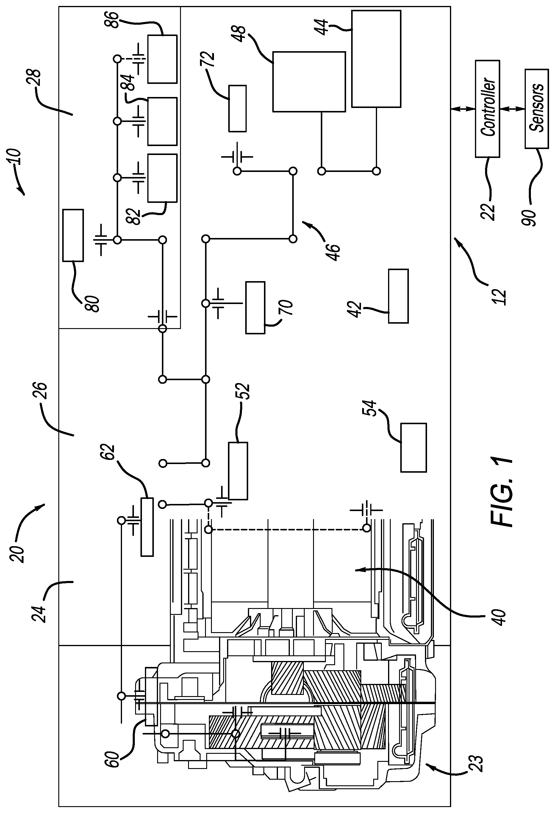 Patent US12359716 Figure 1 – Electric drive module dual sump arrangement for oil management