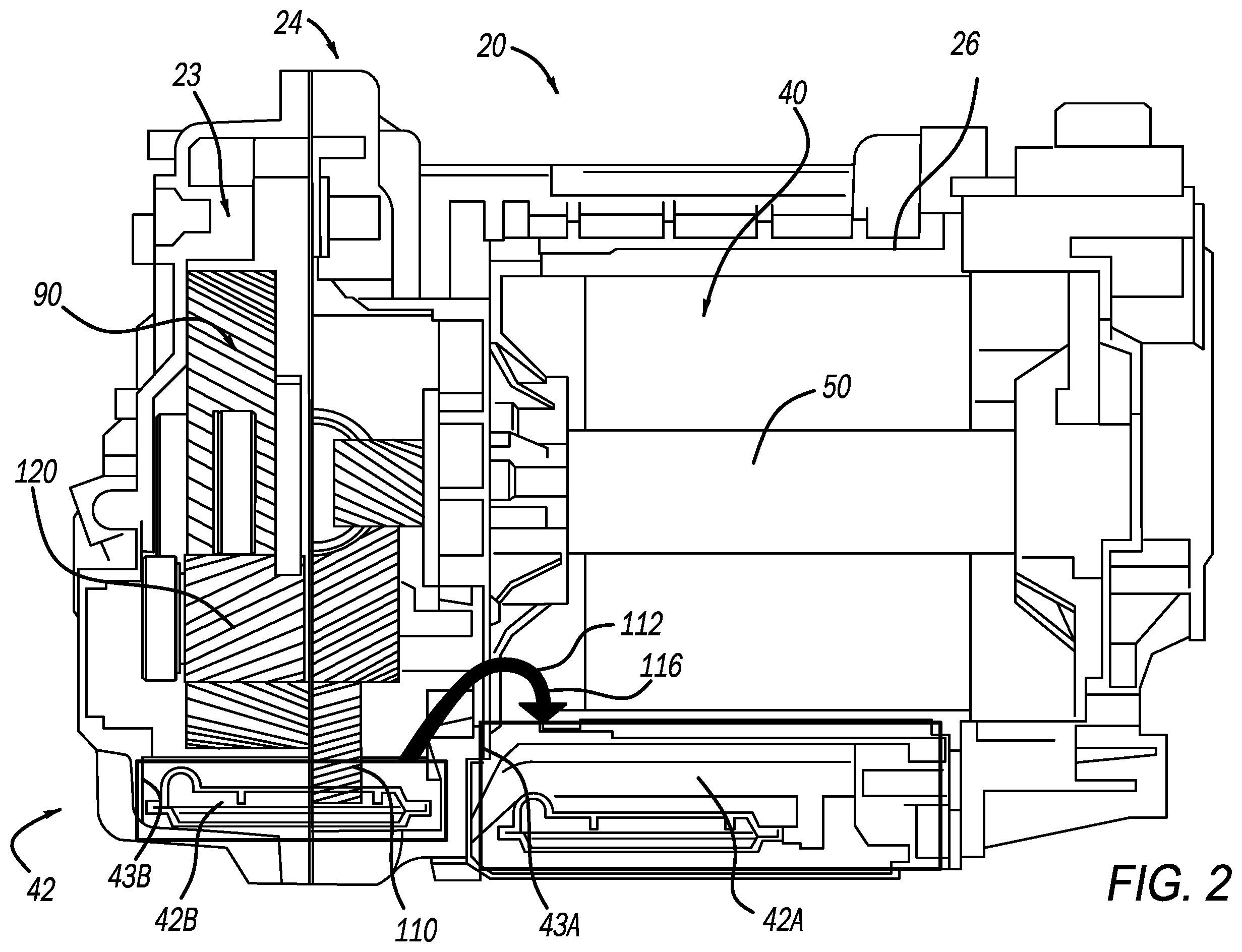 Patent US12359716 Figure 2 – Electric drive module dual sump arrangement for oil management