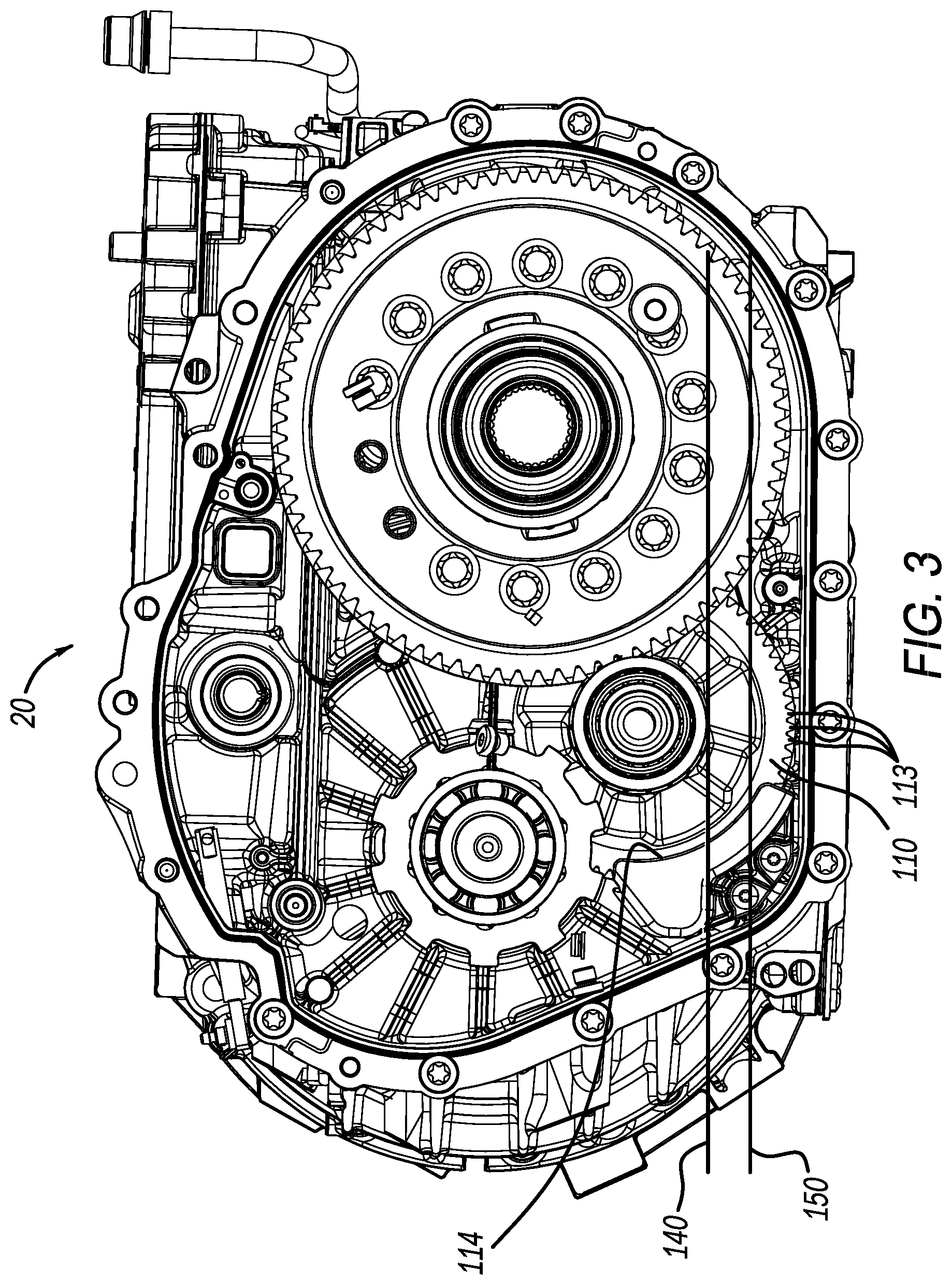 Patent US12359716 Figure 3 – Electric drive module dual sump arrangement for oil management