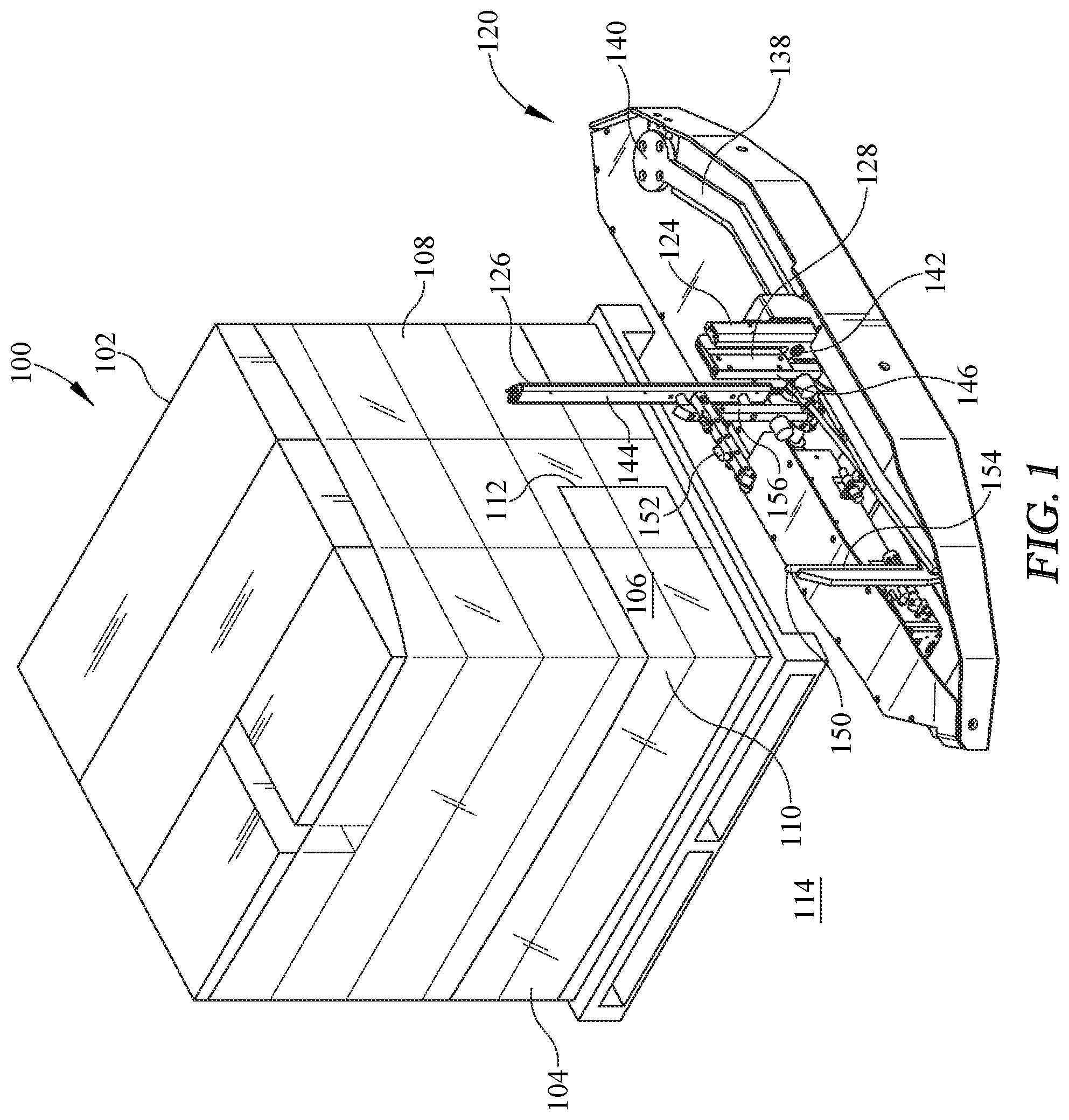 Patent US12359730 Figure 1 – Stretch wrapping machine with packaging material tail treatment
