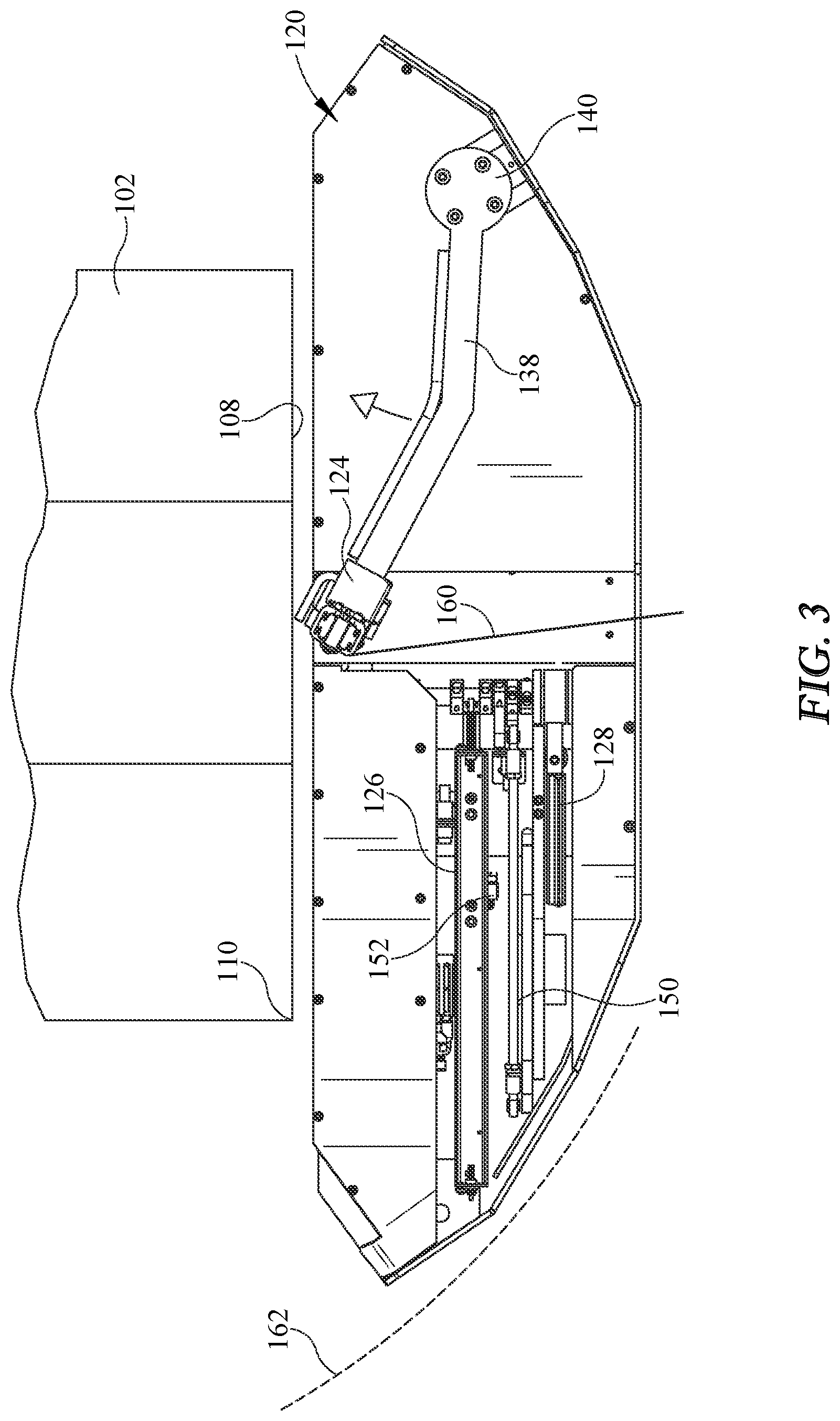 Patent US12359730 Figure 3 – Stretch wrapping machine with packaging material tail treatment
