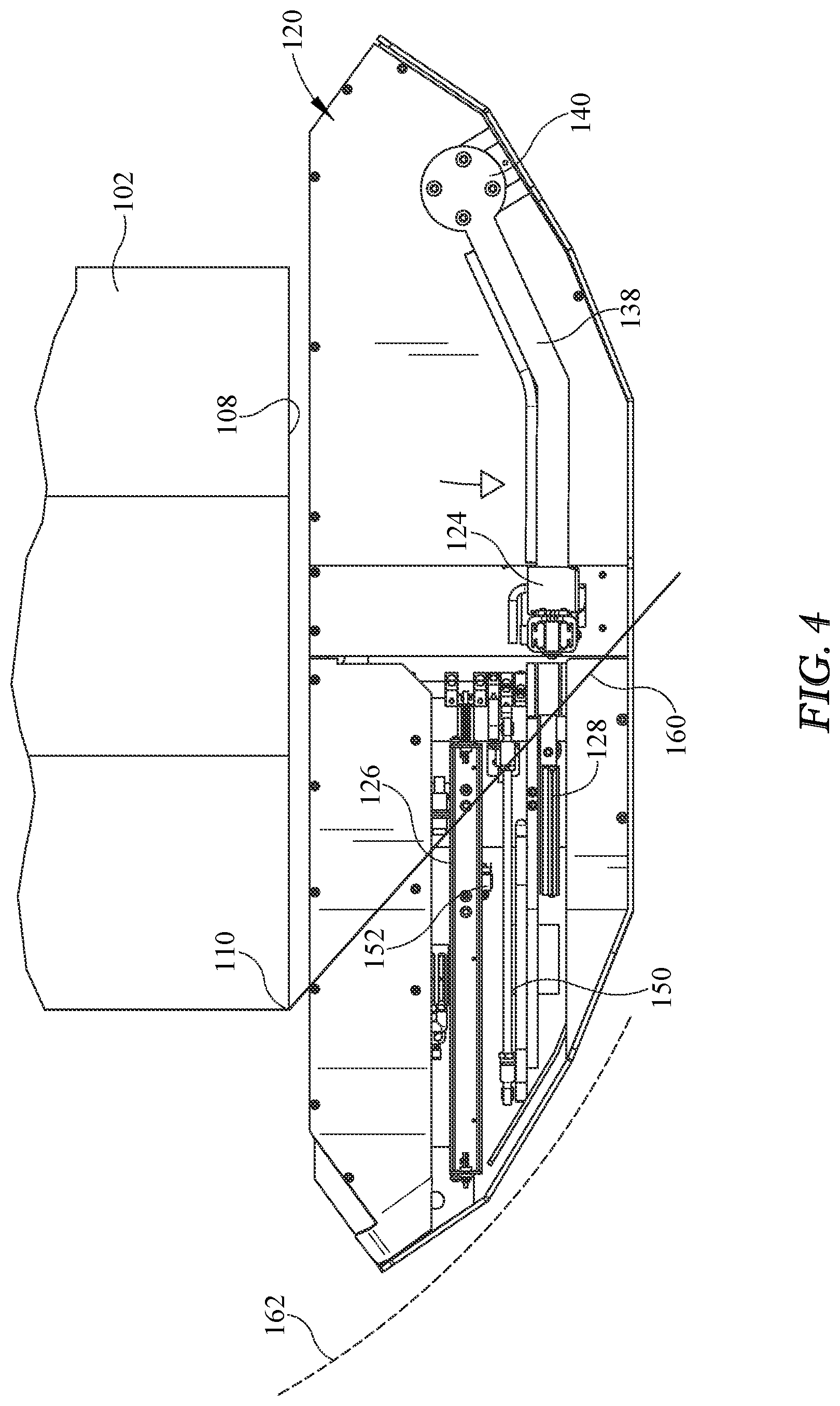Patent US12359730 Figure 4 – Stretch wrapping machine with packaging material tail treatment