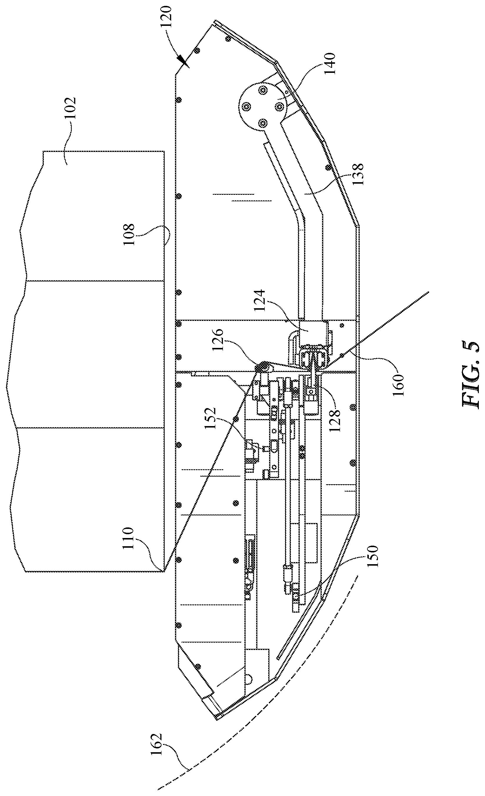 Patent US12359730 Figure 5 – Stretch wrapping machine with packaging material tail treatment