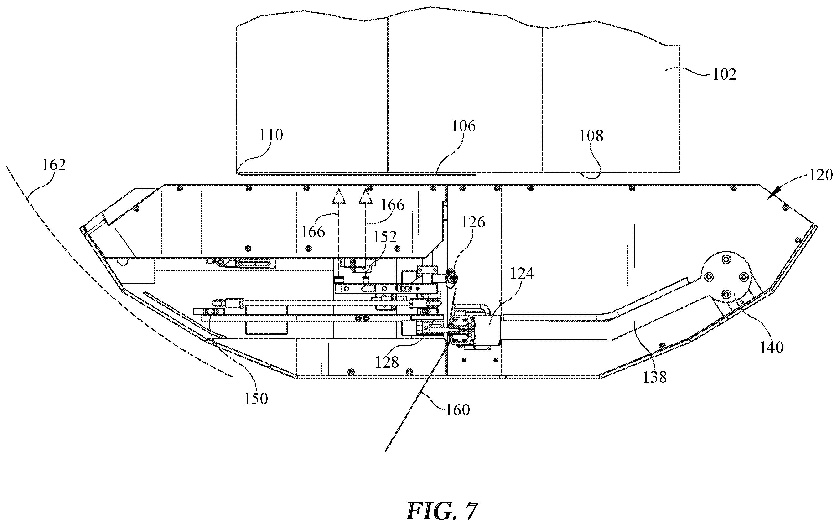 Patent US12359730 Figure 7 – Stretch wrapping machine with packaging material tail treatment