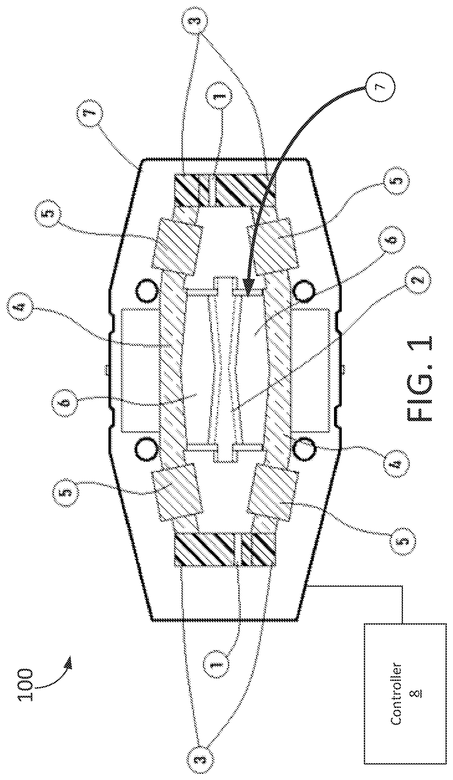Patent US12359742 Figure 1 – Controlling shot peening device via magnetic arrangement