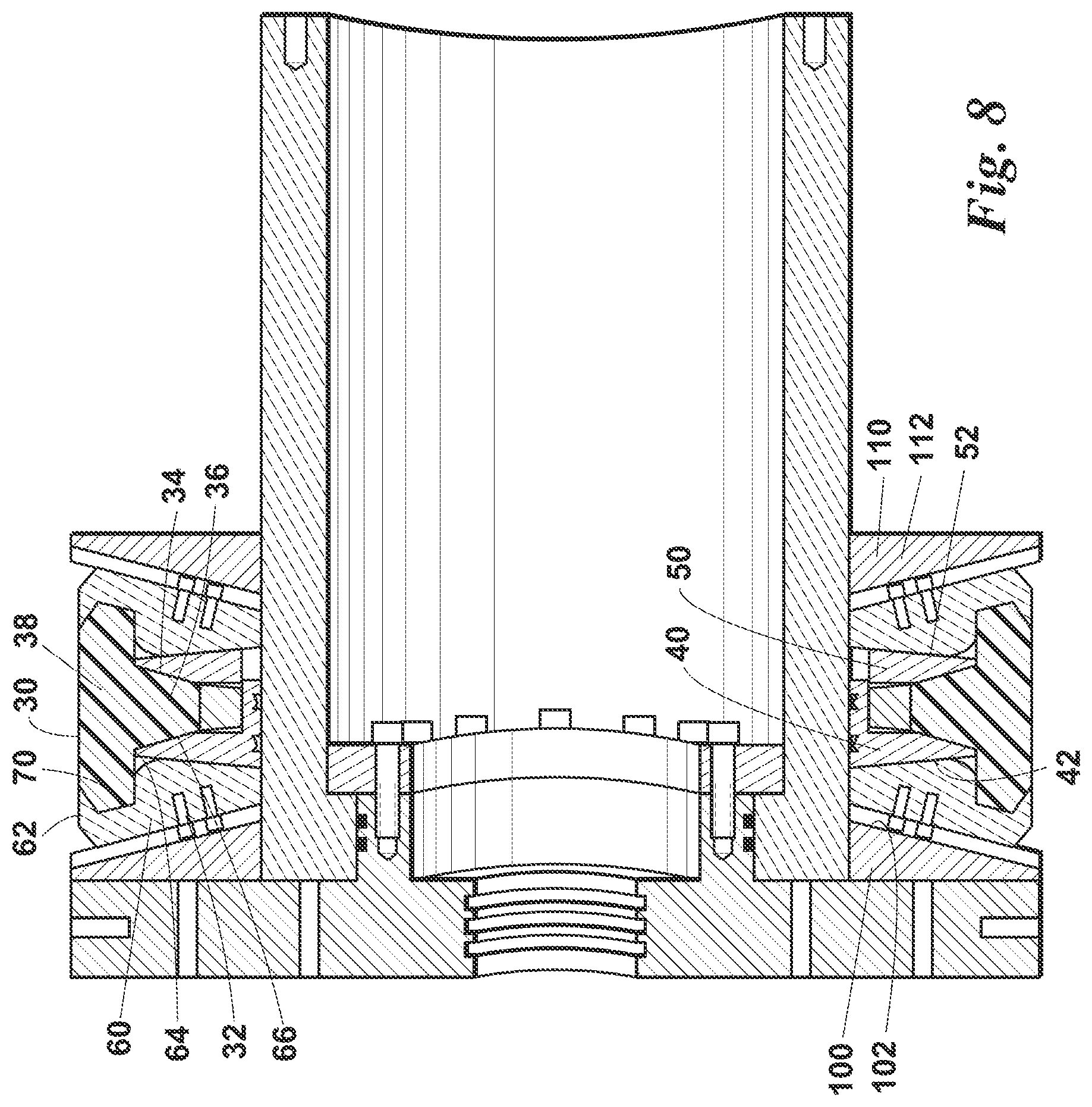 Patent US12359762 Figure 8 – Pipeline isolation tool with large-gap sealing element having mini pressure heads and iris-like structural sealing elements