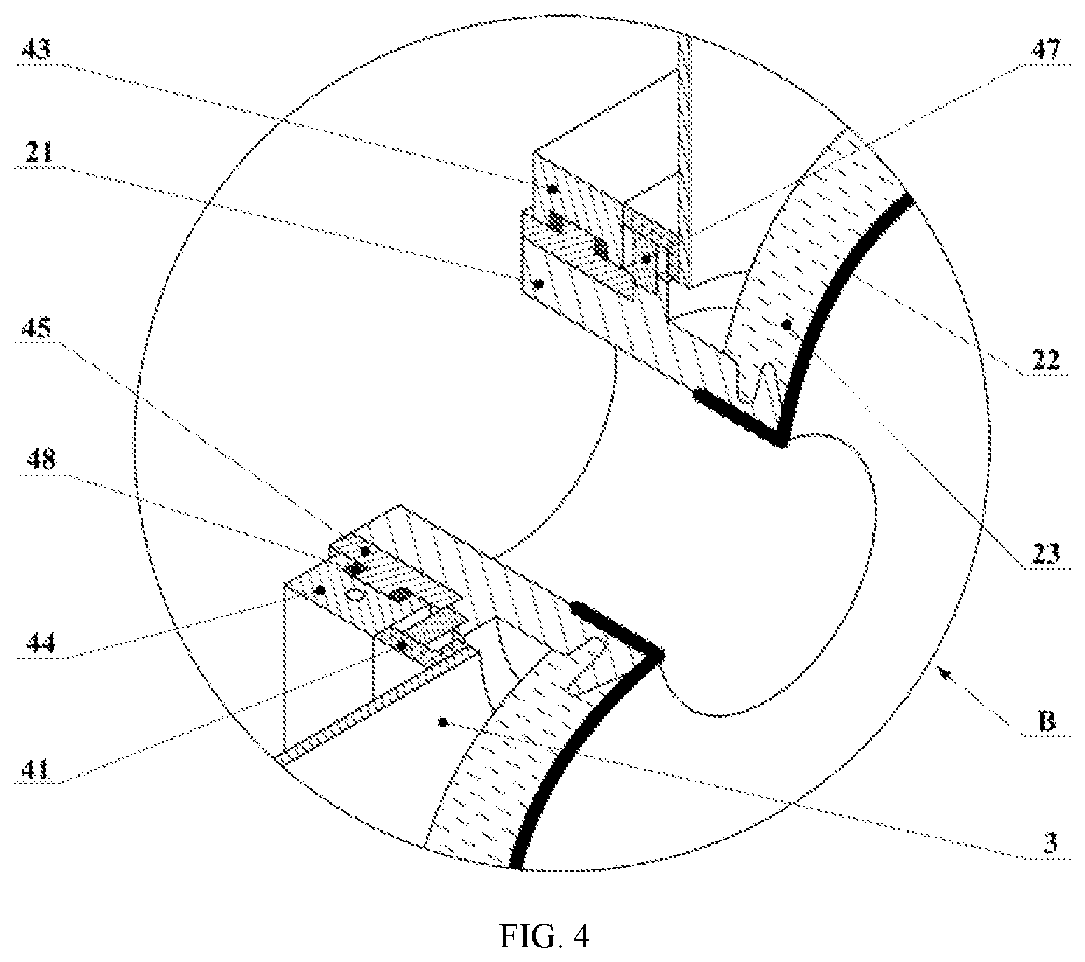 Patent US12359774 Figure 4 – Flexible connection device of hydrogen high- pressure type iv cylinder and a container frame