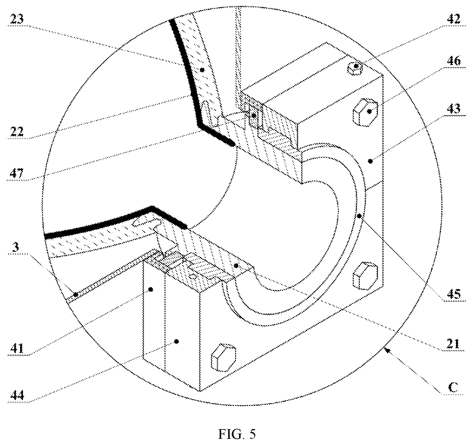 Patent US12359774 Figure 5 – Flexible connection device of hydrogen high- pressure type iv cylinder and a container frame