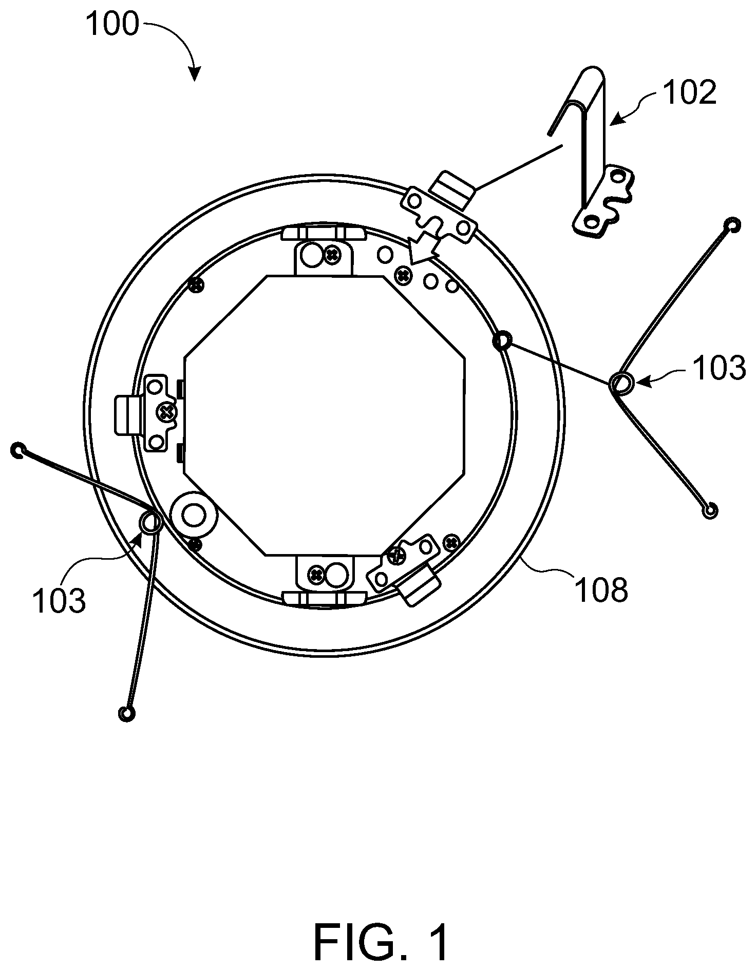 Patent US12359783 Figure 1 – System and apparatus to attach a light fixture to one of a ceiling, a recessed lighting fixture housing, or an outlet box or a junction box