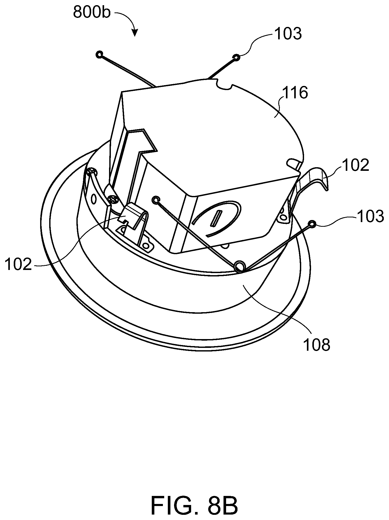 Patent US12359783 Figure 8 – System and apparatus to attach a light fixture to one of a ceiling, a recessed lighting fixture housing, or an outlet box or a junction box