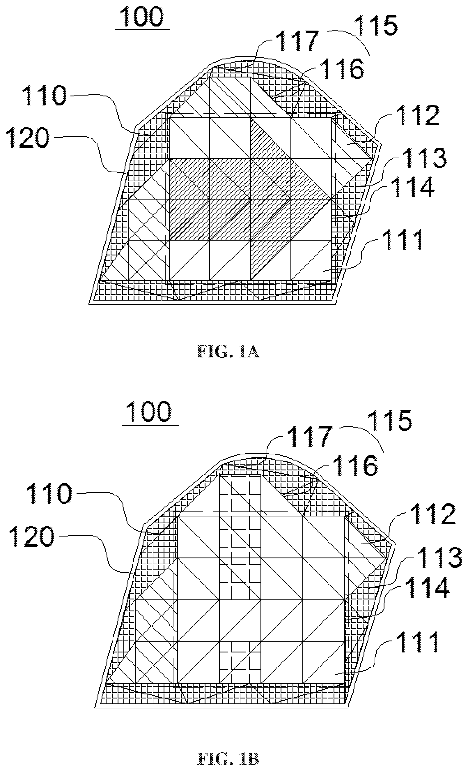 Patent US12359785 Figure 1 – OLED lamp panel with display peripheral regions and display region of regular shape formed by plurality of light emitting units of the same shape, and lighting device having the same