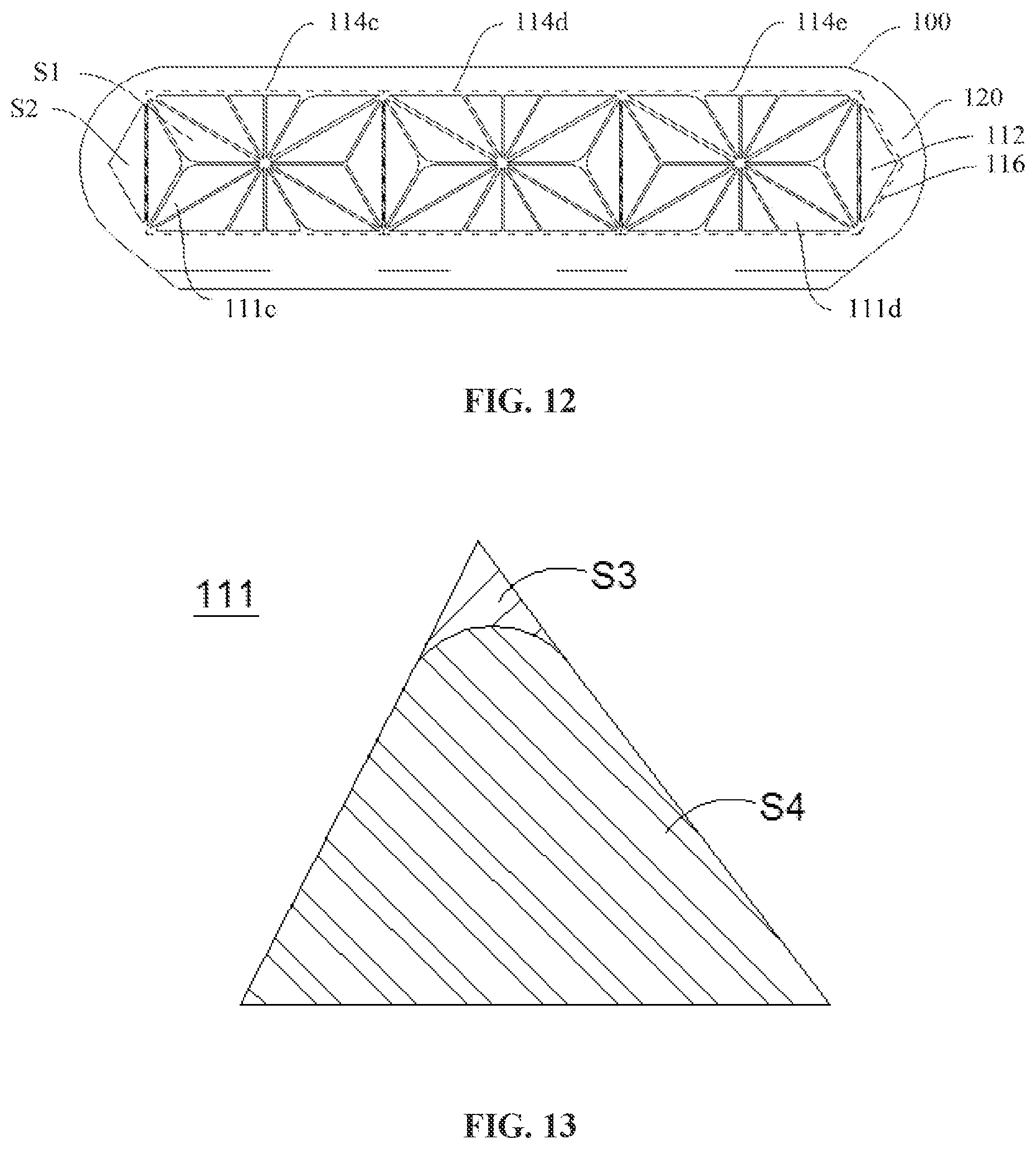 Patent US12359785 Figure 7 – OLED lamp panel with display peripheral regions and display region of regular shape formed by plurality of light emitting units of the same shape, and lighting device having the same