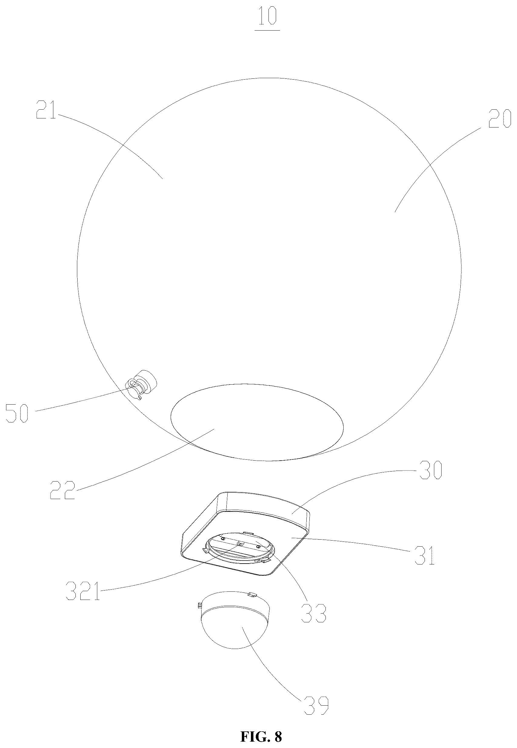 Patent US12359790 Figure 8 – Floating projection decorative lamp