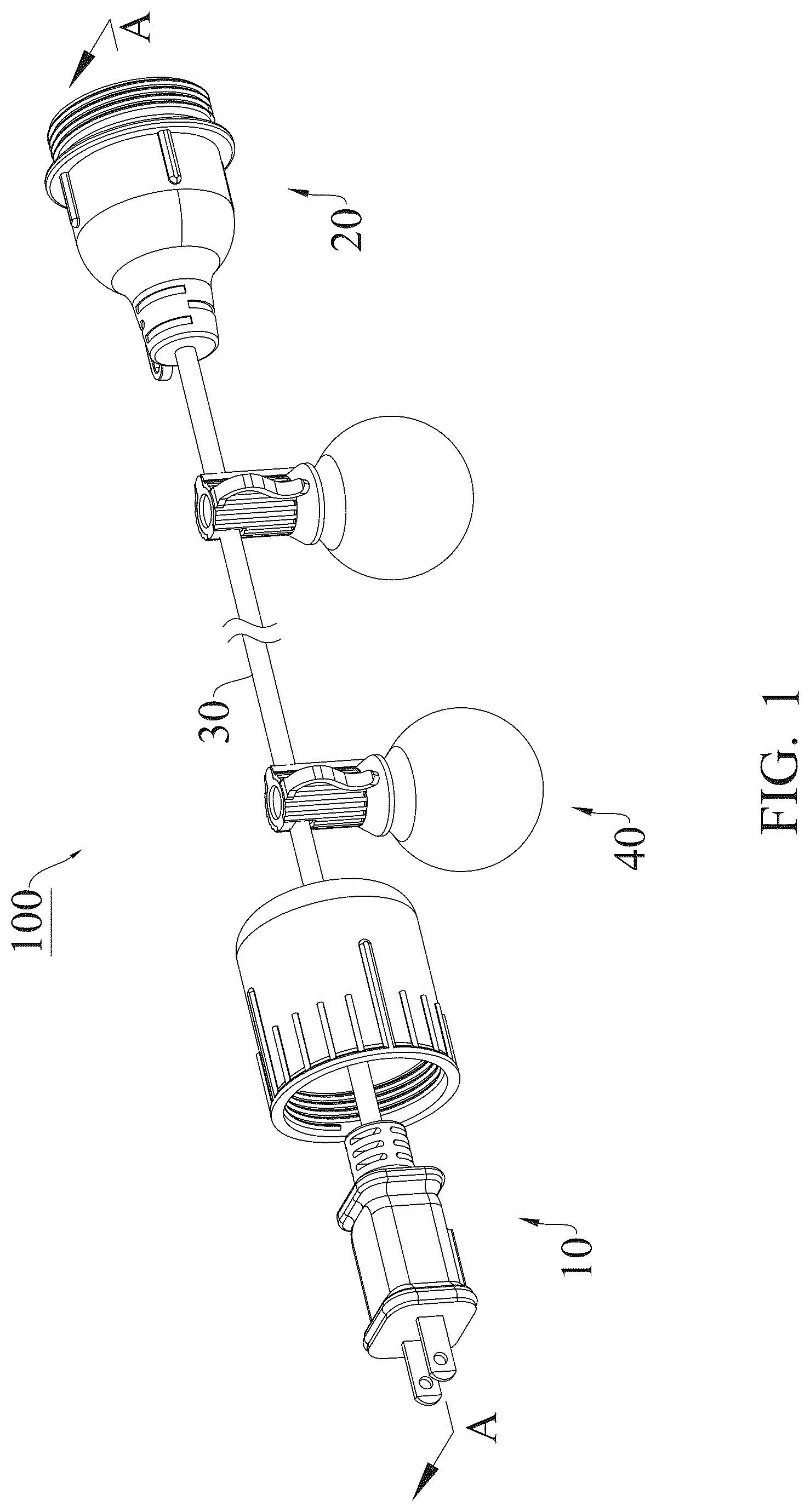 Patent US12359801 Figure 1 – Light string with waterproof structure