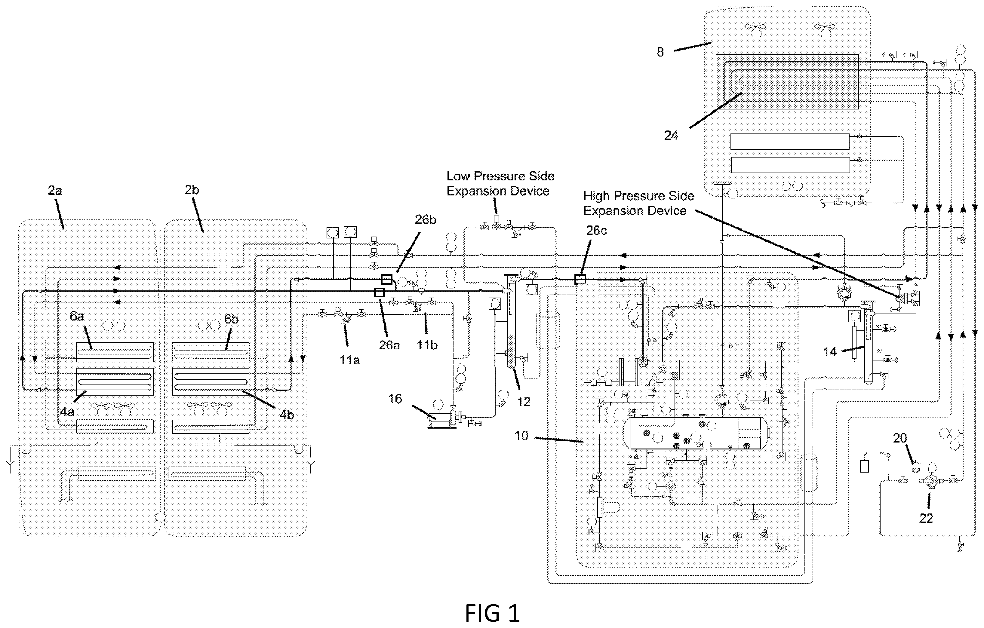 Patent US12359828 Figure 1 – Low charge packaged ammonia refrigeration system with evaporative condenser