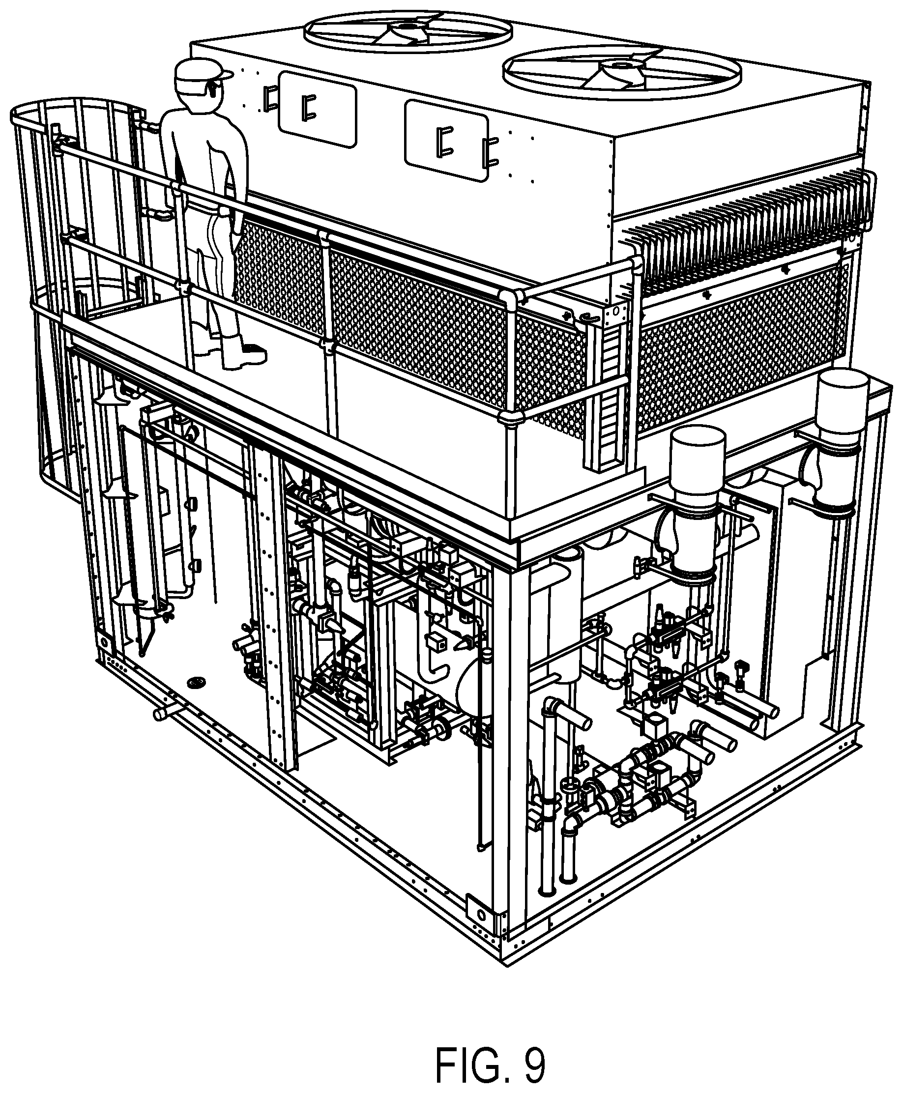 Patent US12359828 Figure 11 – Low charge packaged ammonia refrigeration system with evaporative condenser