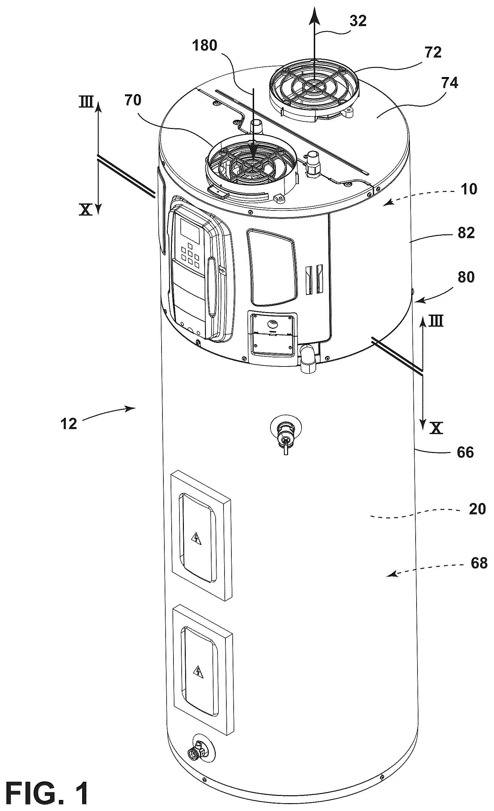 Patent US12359845 Figure 1 – Air funnel for a heat pump system of a water heater