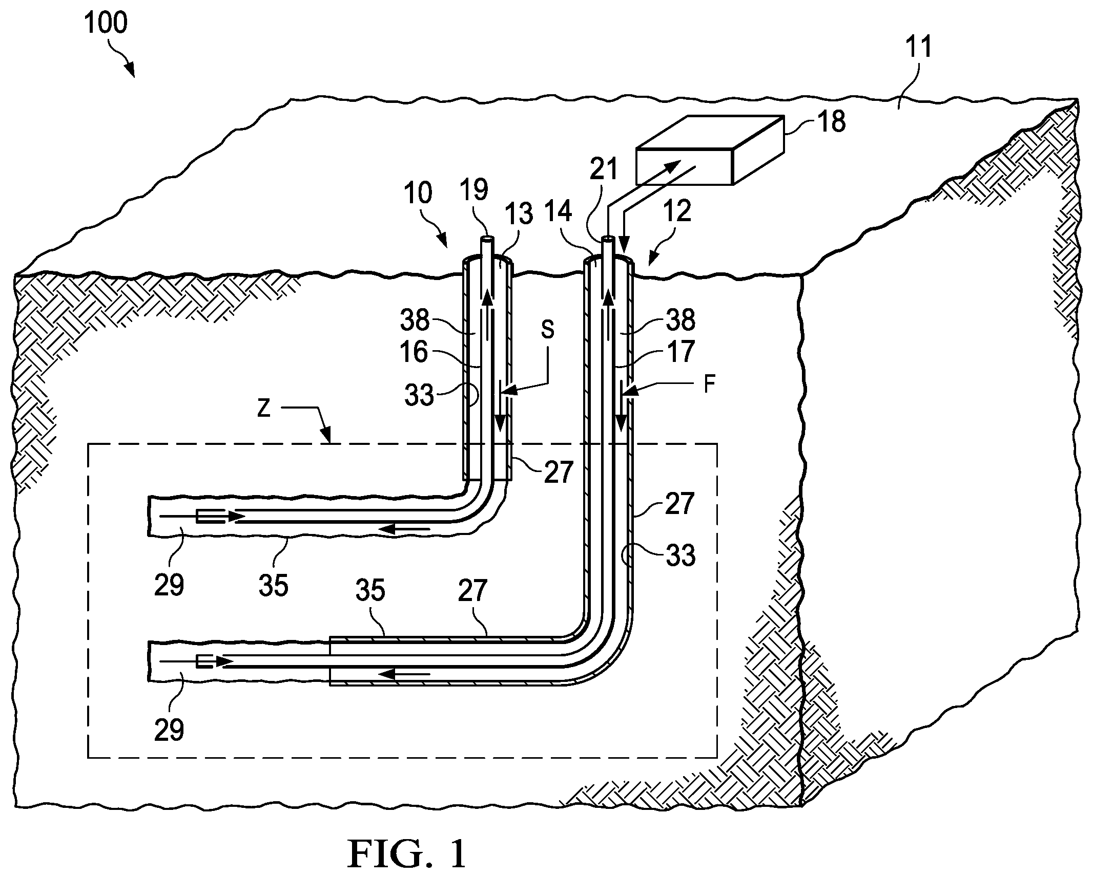 Patent US12359850 Figure 1 – Construction and operation of geothermal wells