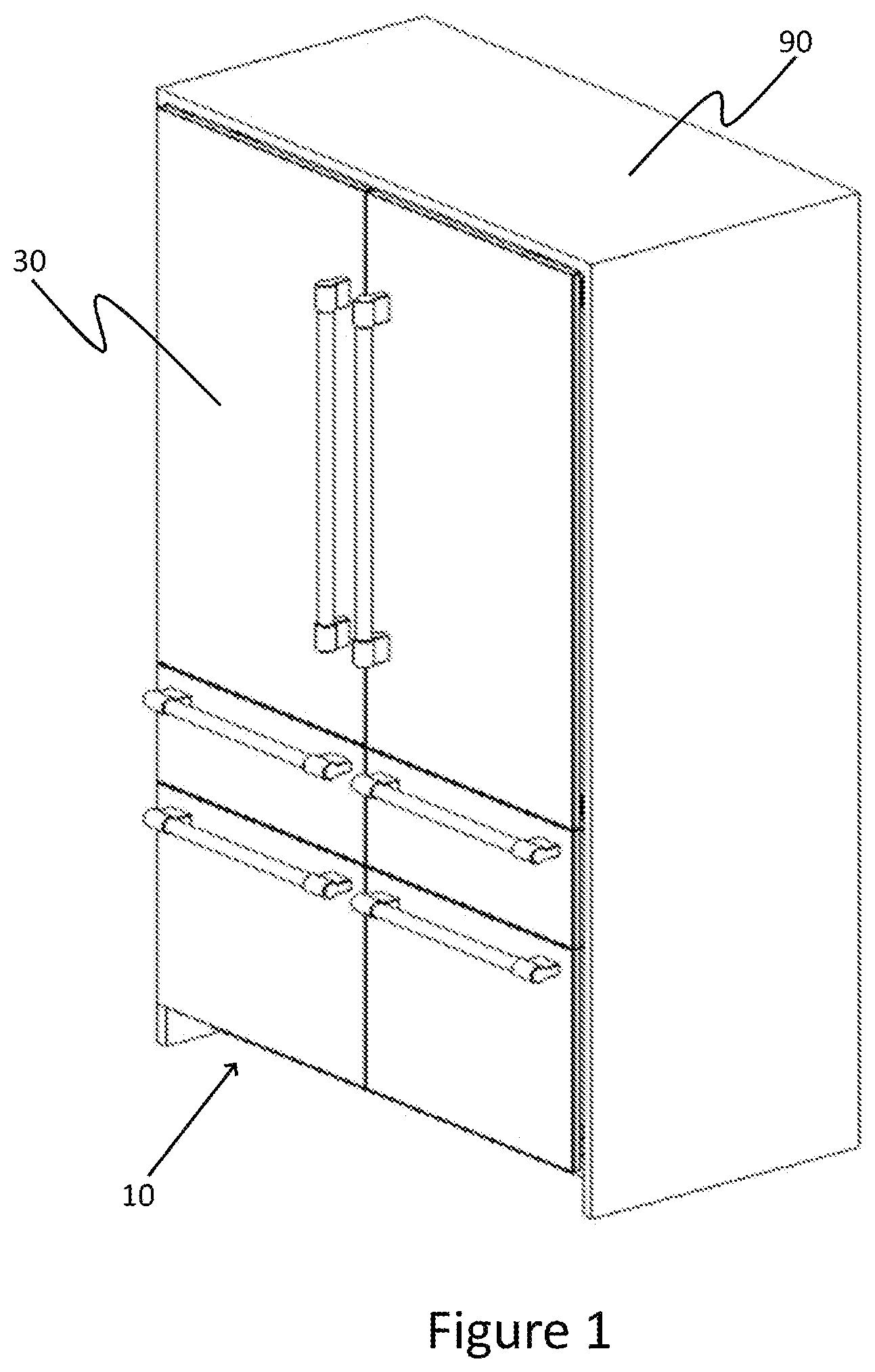 Patent US12359866 — Built-in cooling device having a hinge box — Figure 1