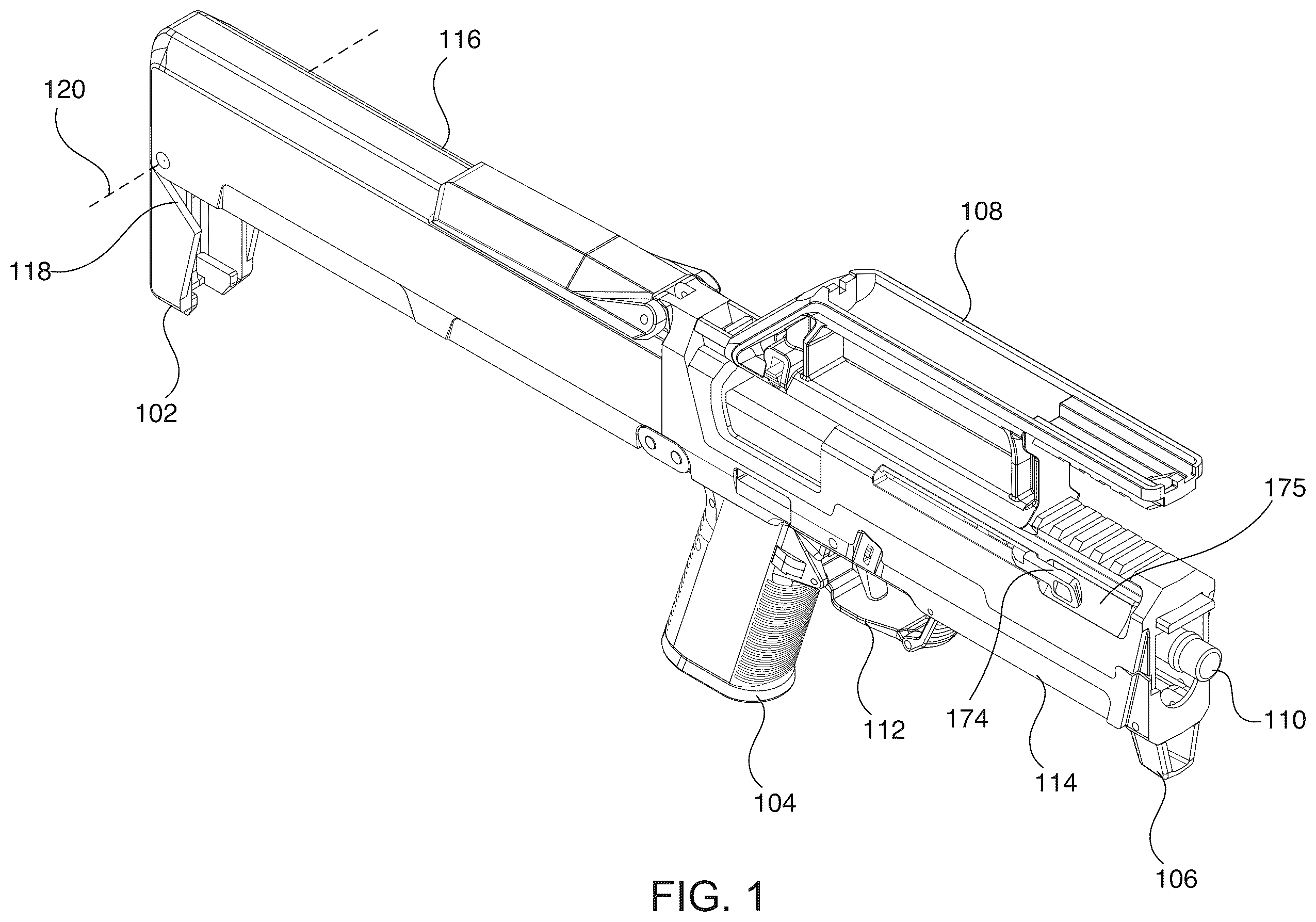 Patent US12359889 Figure 1 – Foldable firearm