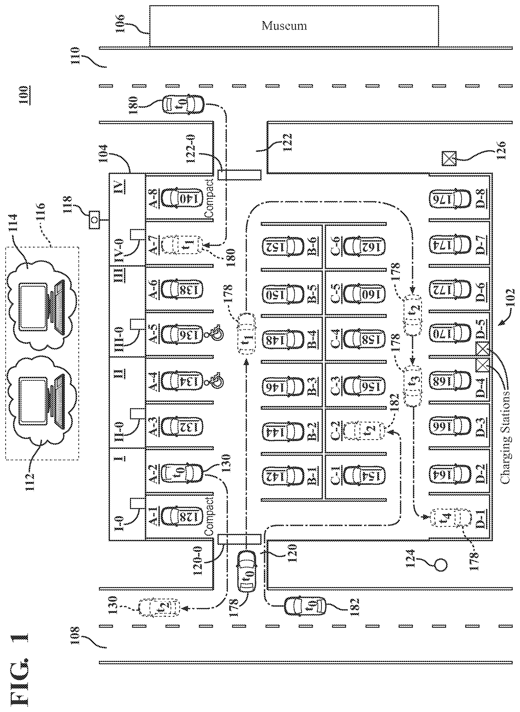 Patent US12359931 Figure 1 – Providing information to navigate to a parking space preferred by an operator of a vehicle