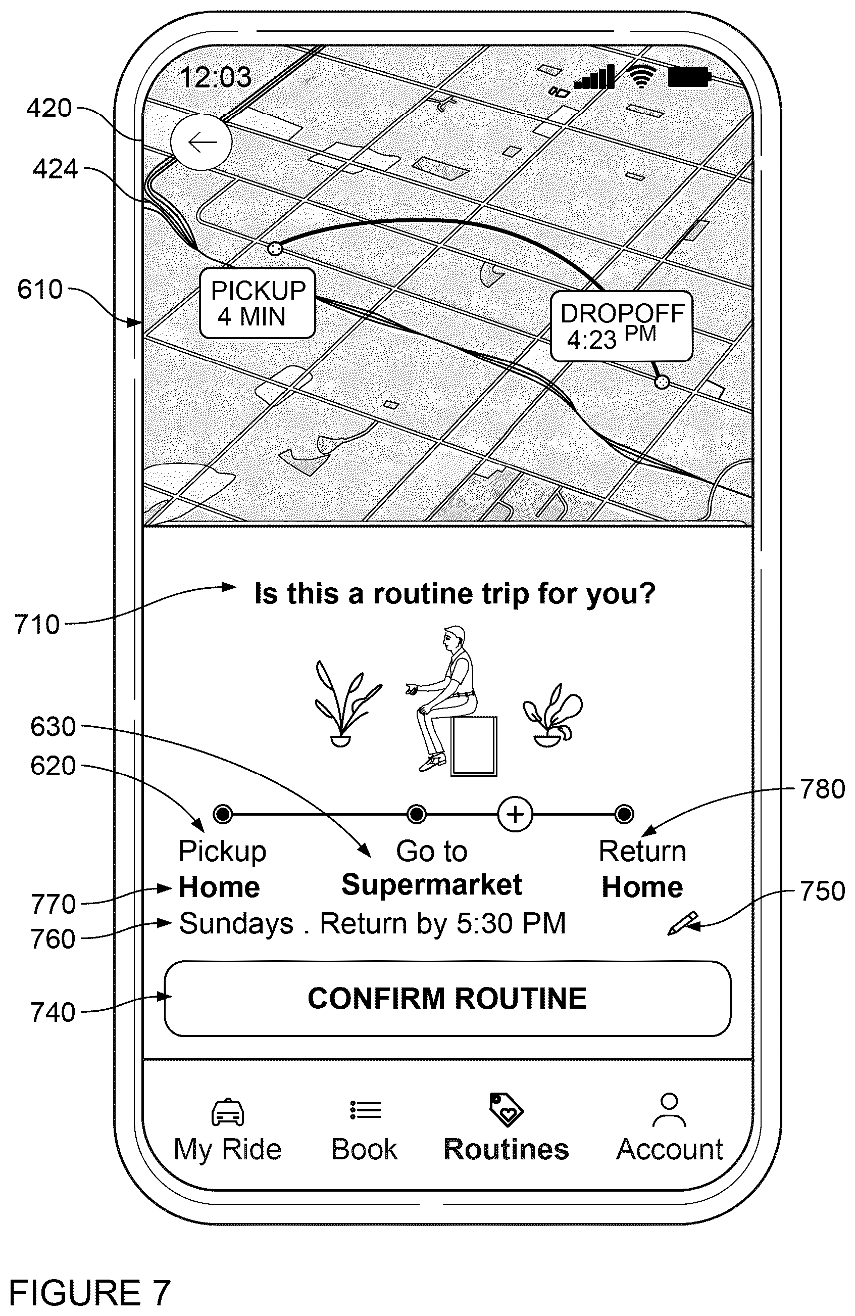 Patent US12359932 Figure 8 – Establishing routines for autonomous vehicle transportation services