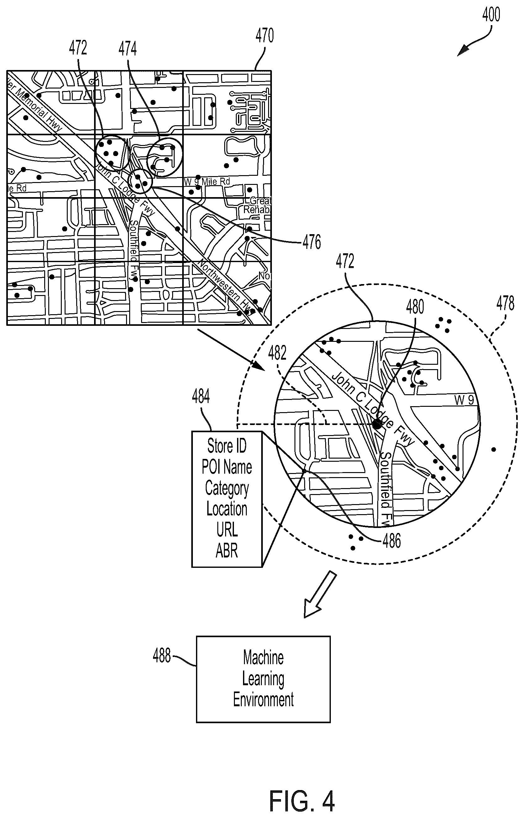 Patent US12359935 Figure 4 – Systems and methods for resolving points of interest on maps
