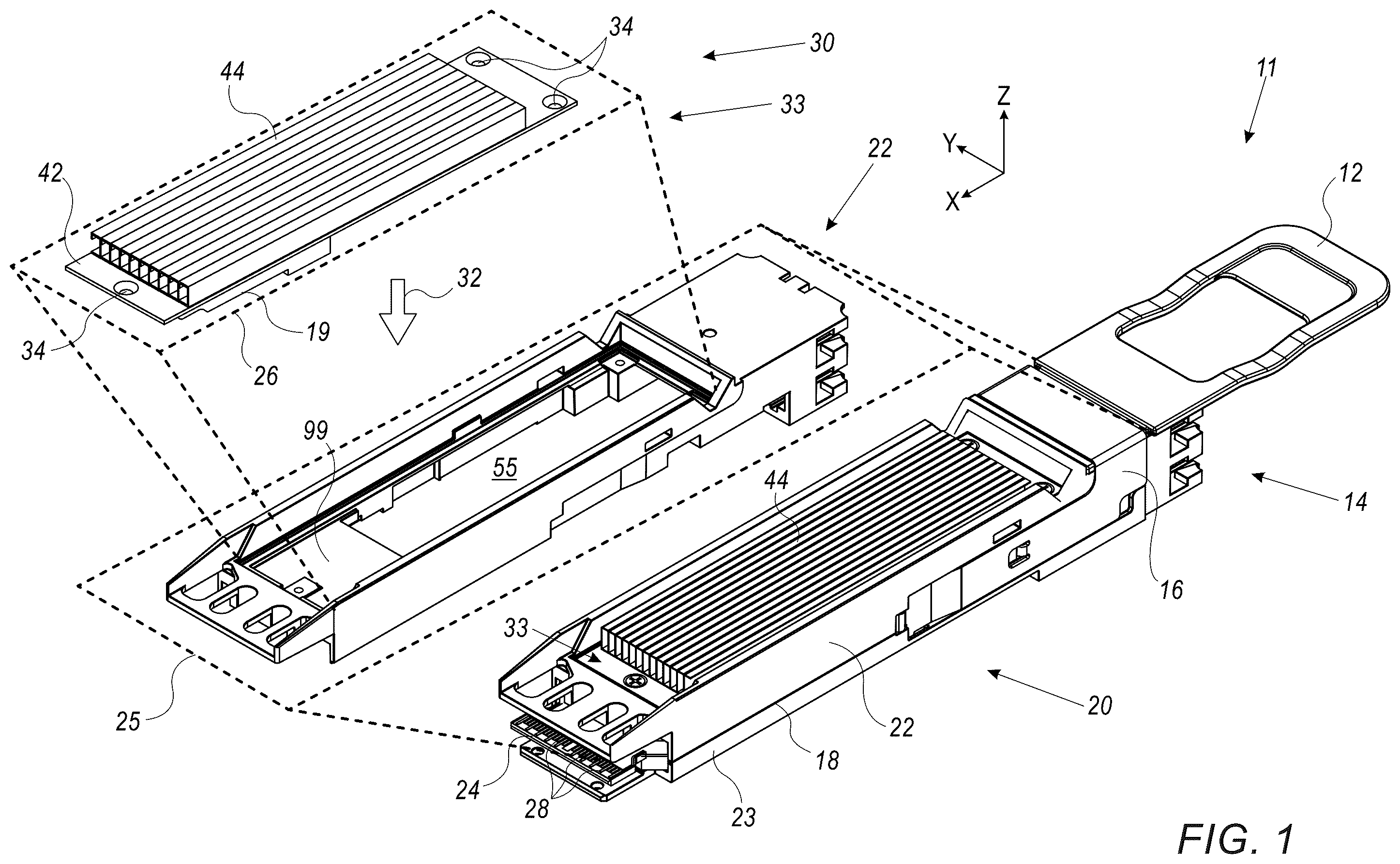 Patent US12360323 — Mechanical thermal interface for improved heat dissipation in network transceivers — Figure 1