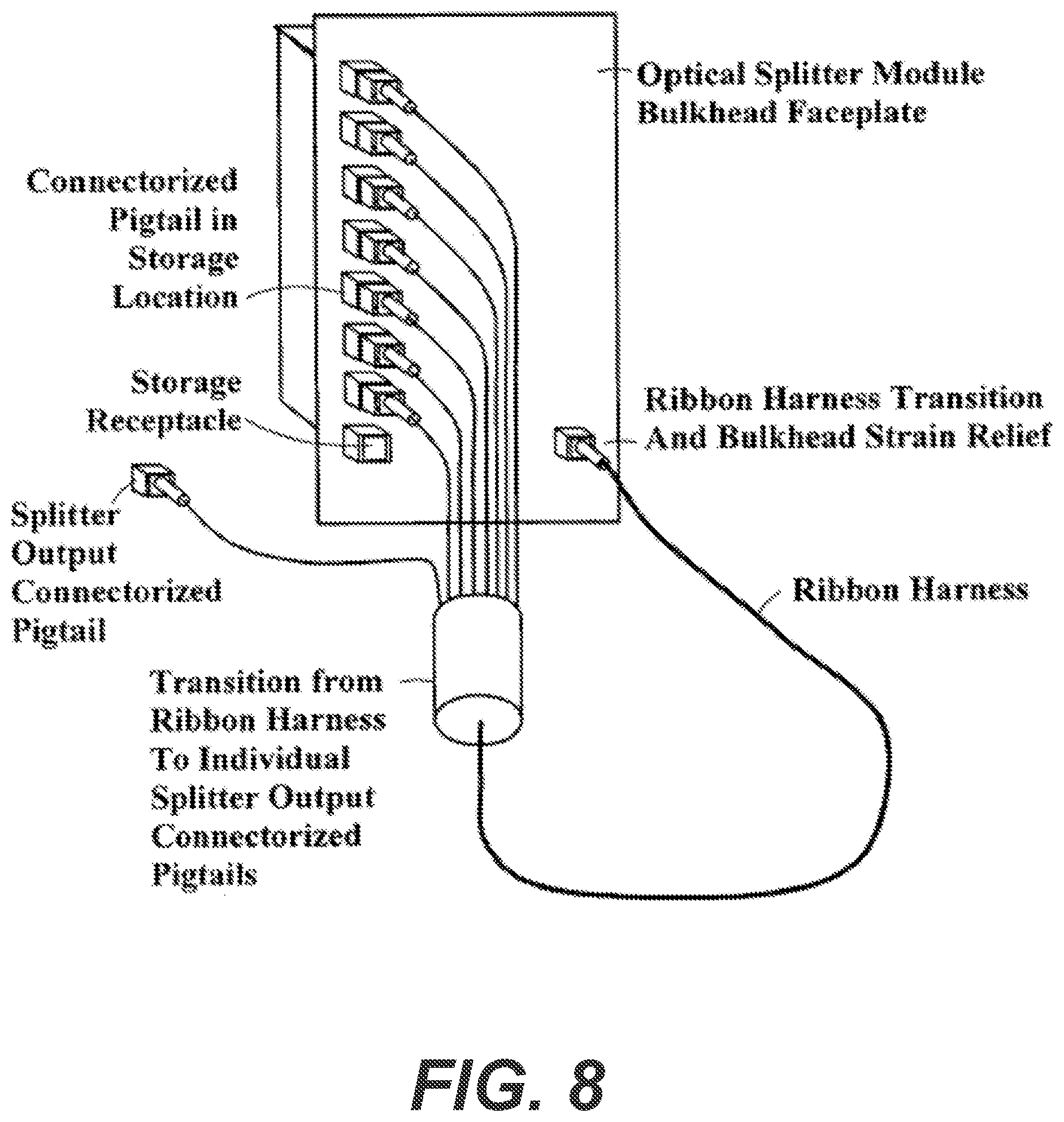 Patent US12360325 Figure 8 – Connector storage for securely holding an unused fiber optic connector while minimizing the contact area between the connector storage and the connector