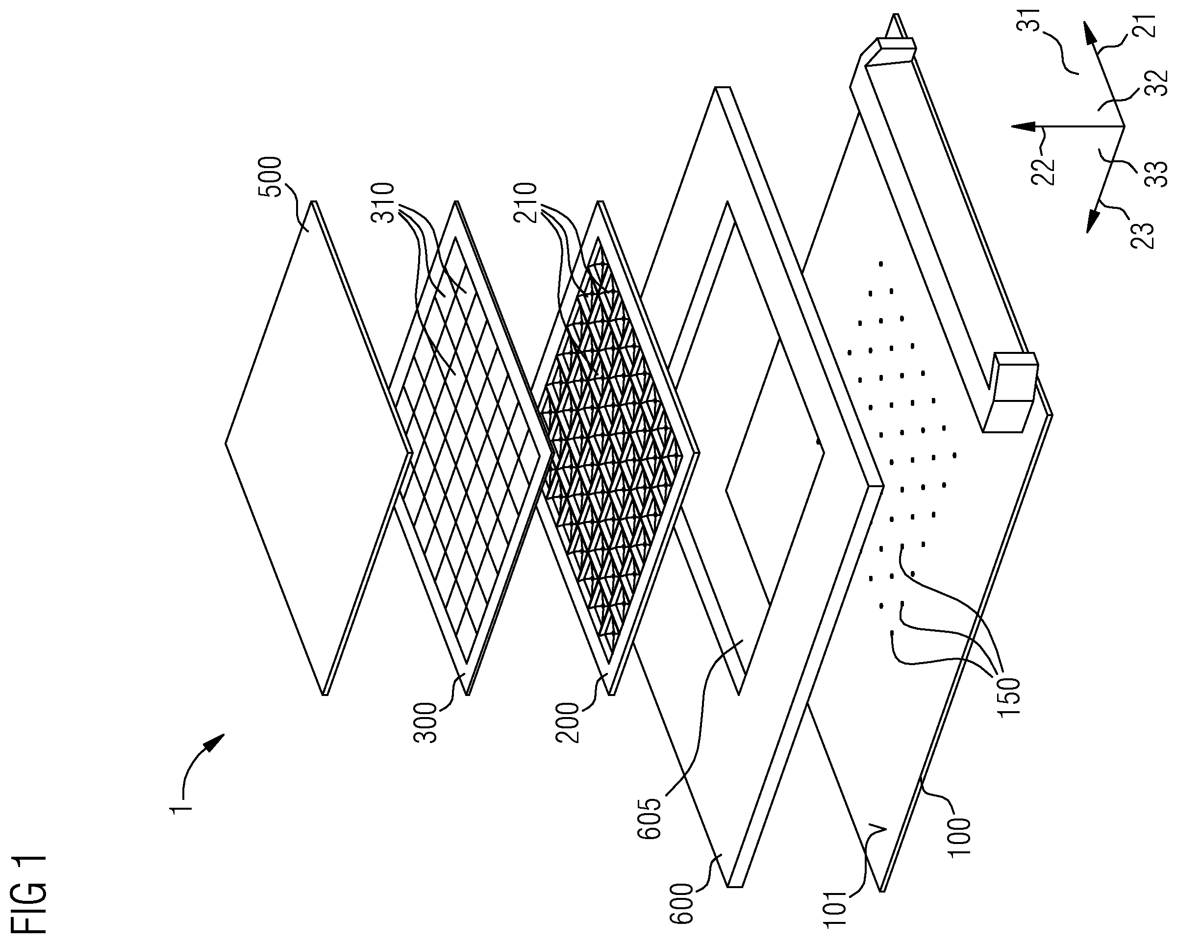 Patent US12360419 Figure 1 – Backlighting unit with a reflector, a diffuser, and an optical assembly