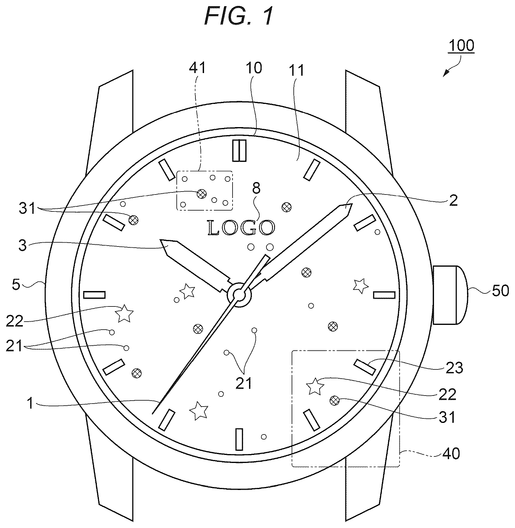Patent US12360495 Figure 1 – Timepiece dial, timepiece, and method for manufacturing timepiece dial