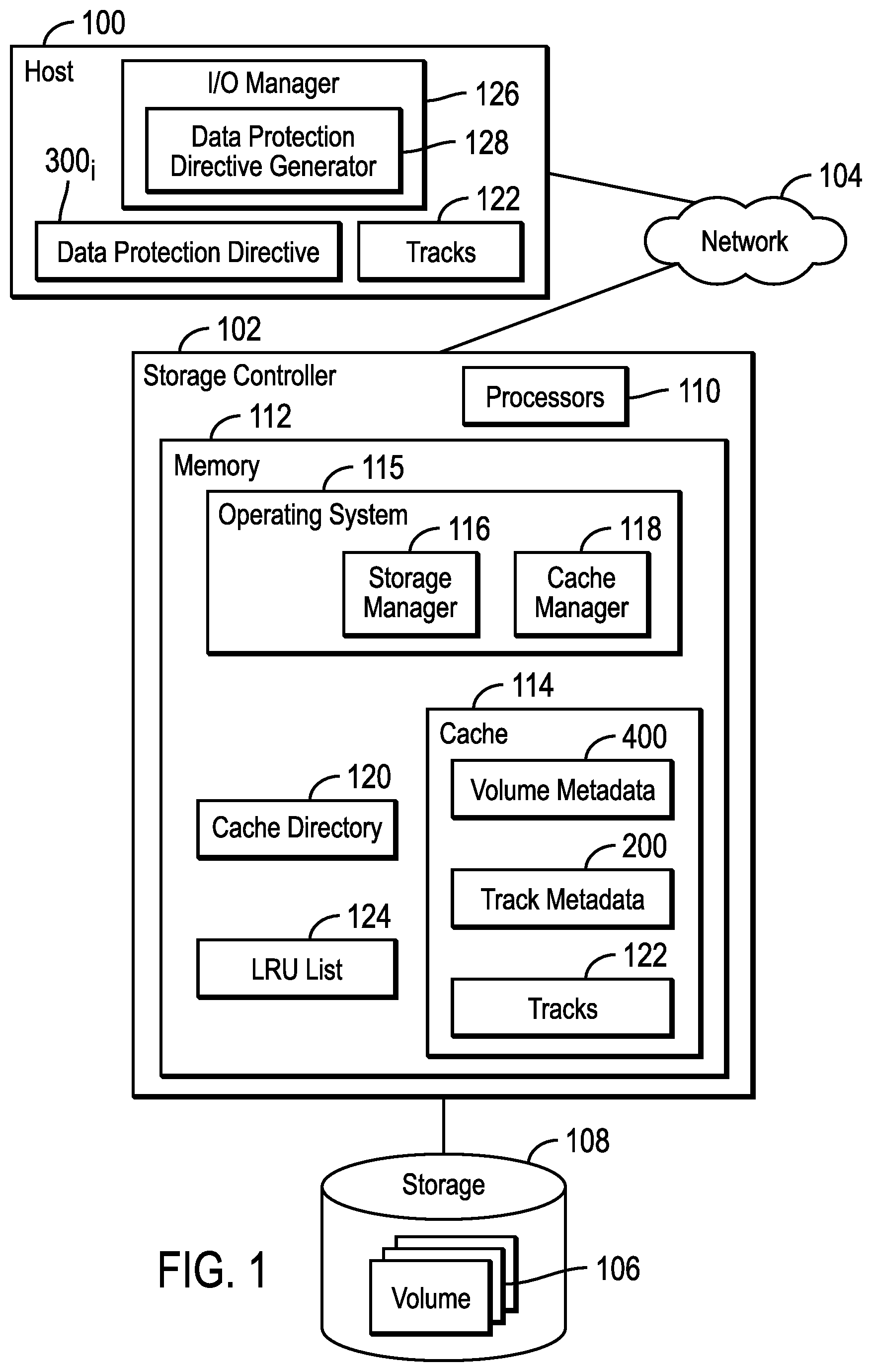 Patent US12360685 Figure 1 – Generating data protection directives to provide to a storage controller to control access to data in cache
