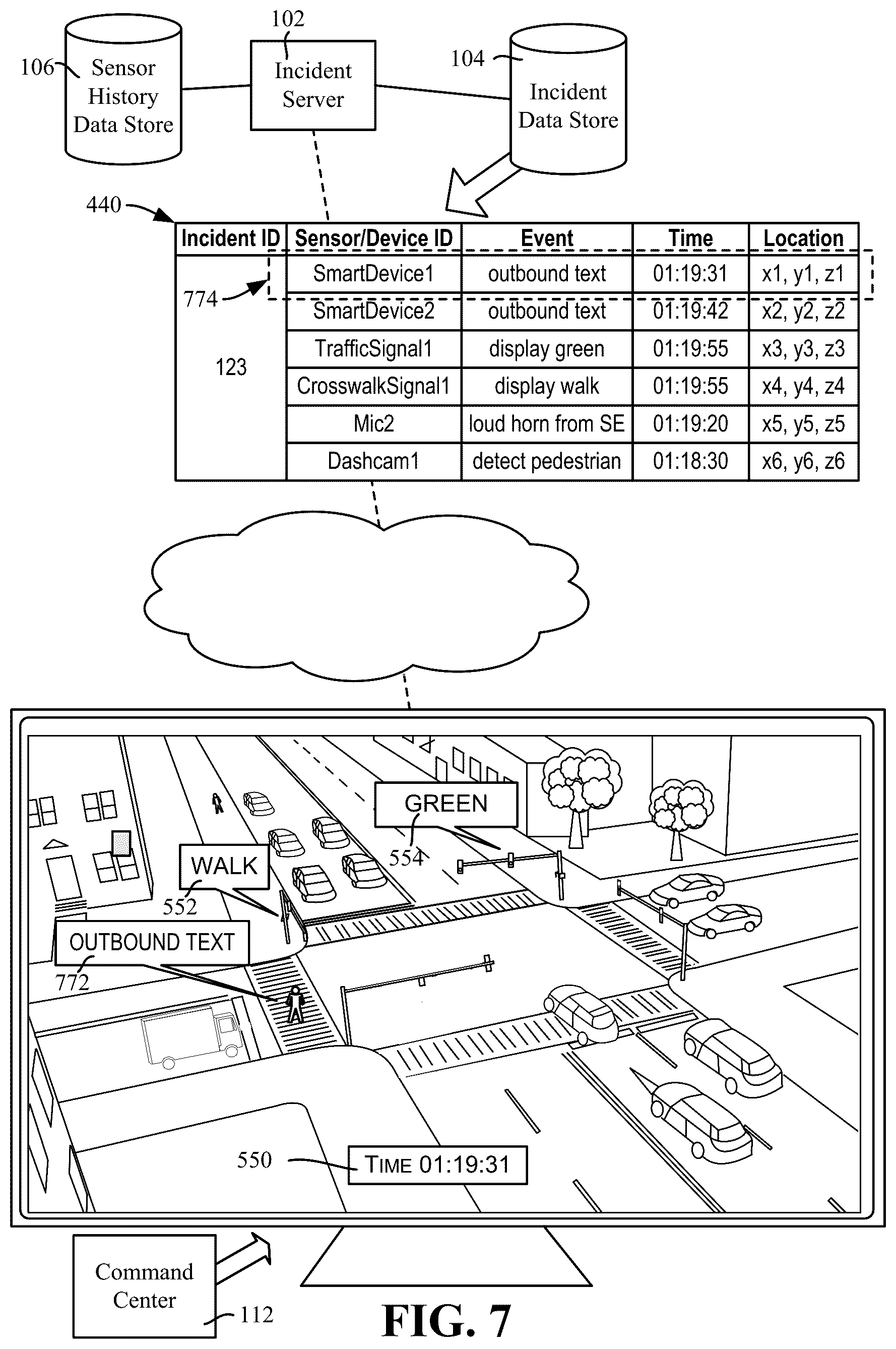 Patent US12361063 Figure 7 – Annotated incident recreation