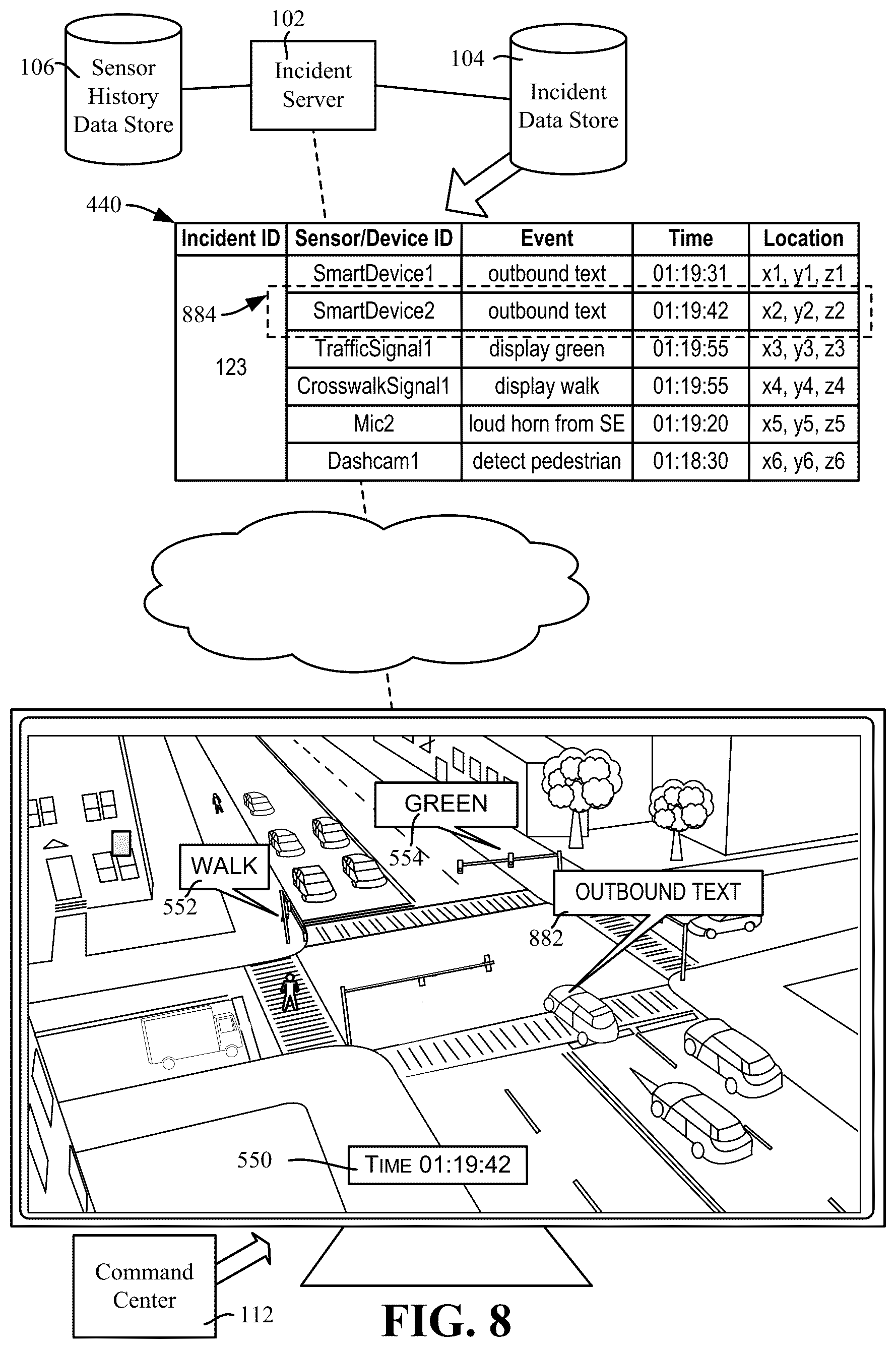 Patent US12361063 Figure 8 – Annotated incident recreation