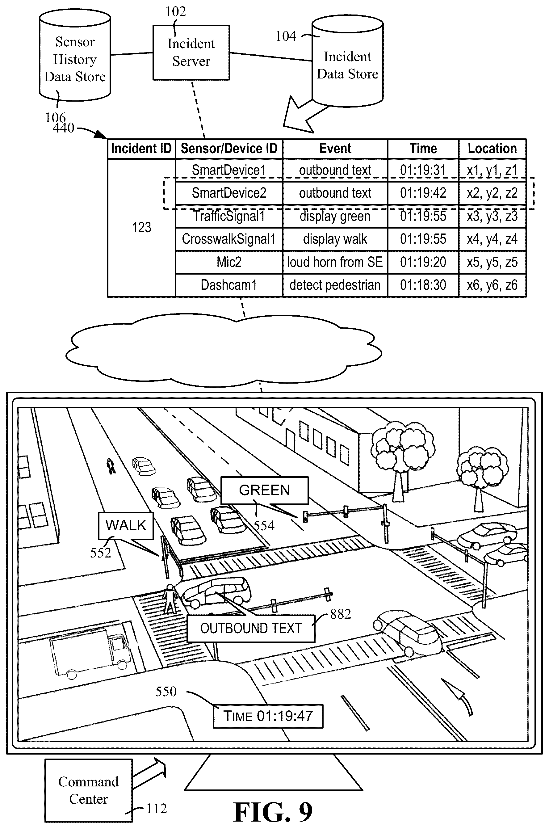 Patent US12361063 Figure 9 – Annotated incident recreation