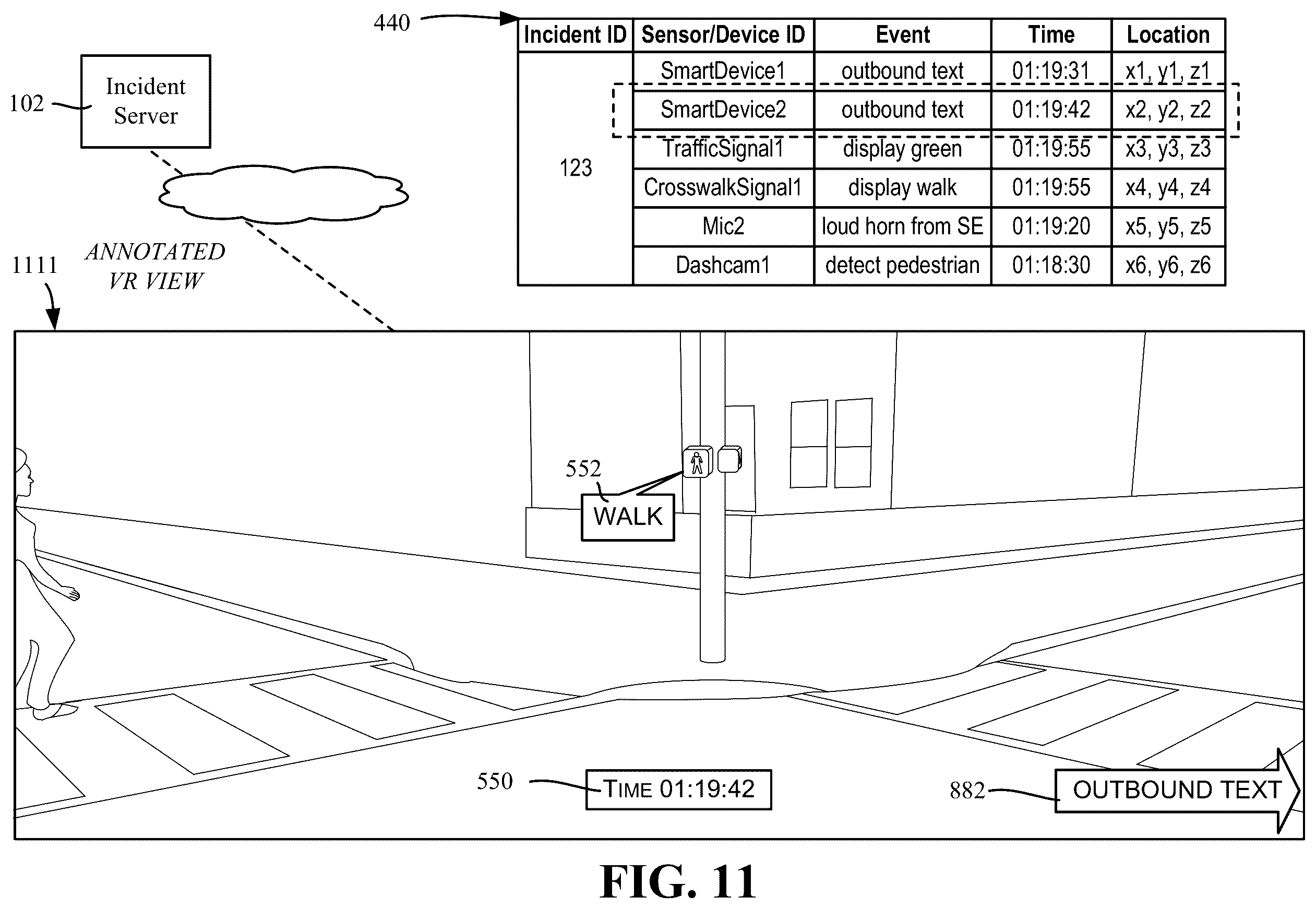 Patent US12361063 Figure 11 – Annotated incident recreation